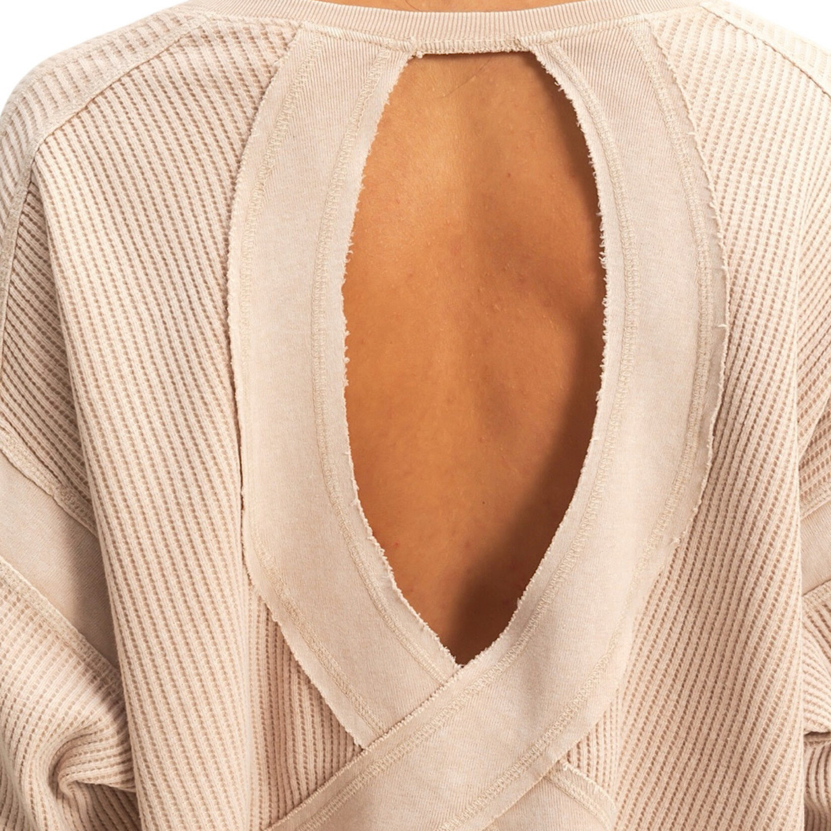 Dark Taupe Open Back Textured Knit Long Sleeve Top