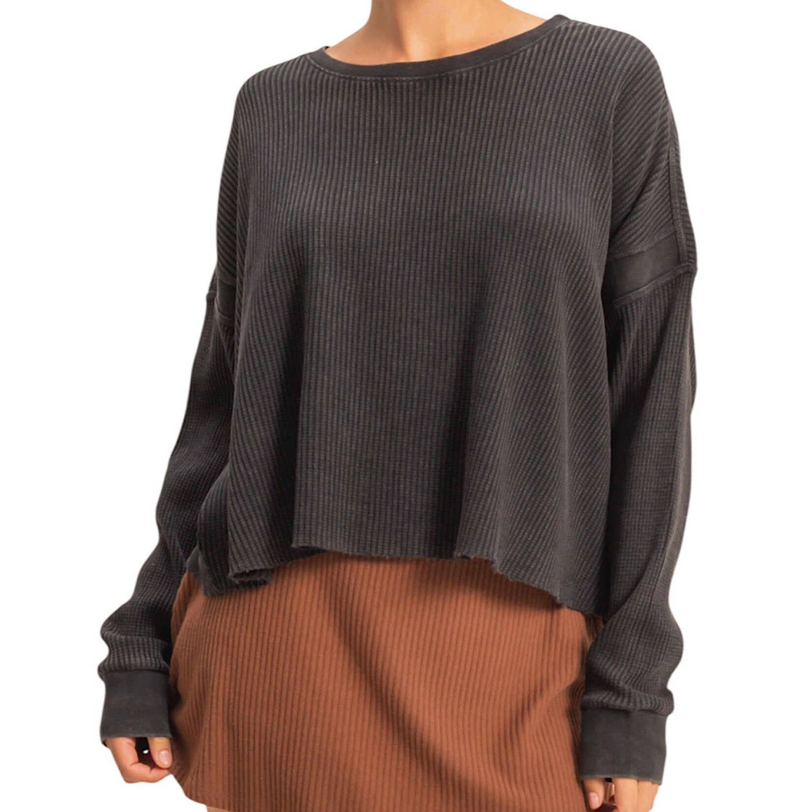 Black Open Back Textured Knit Long Sleeve Top