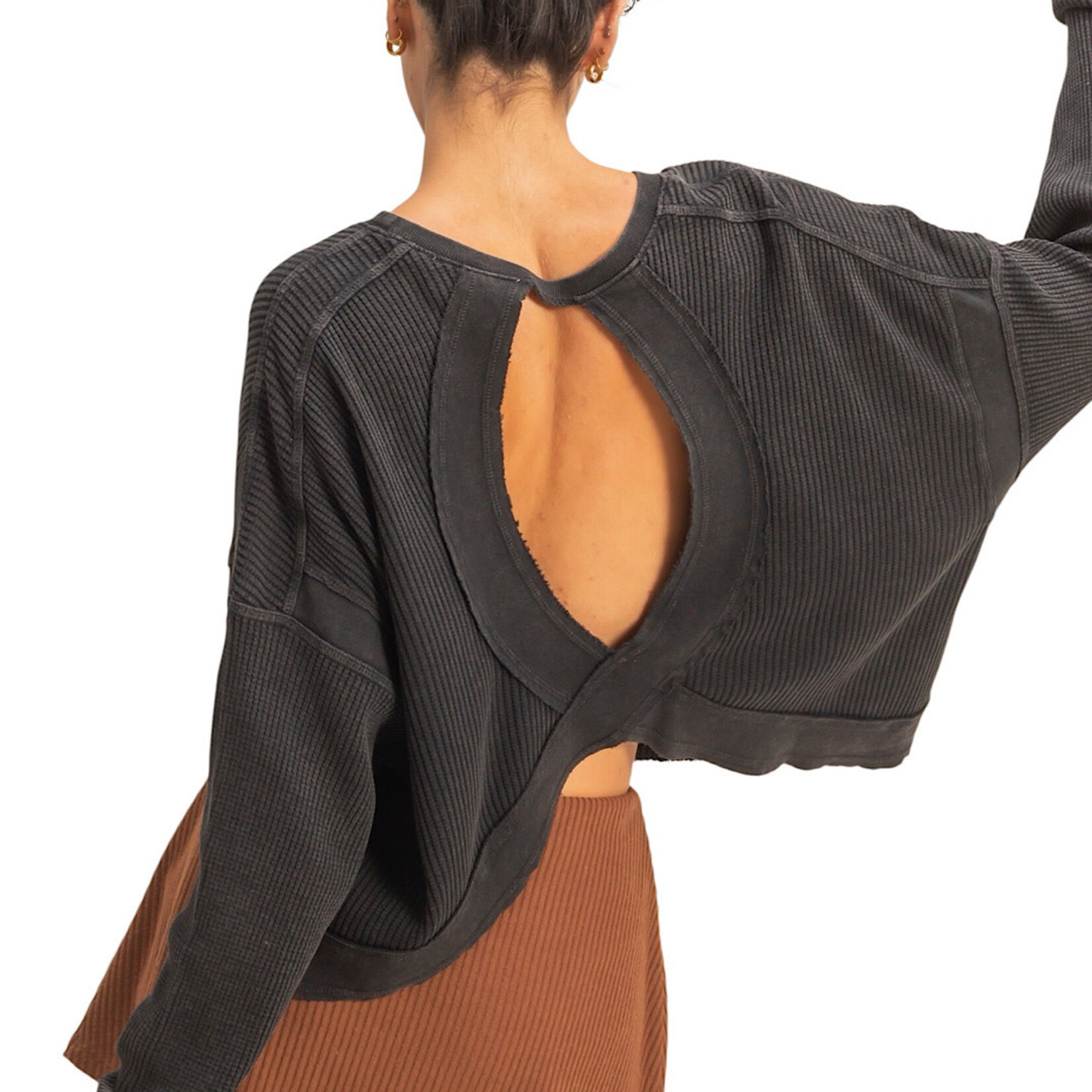 Black Open Back Textured Knit Long Sleeve Top