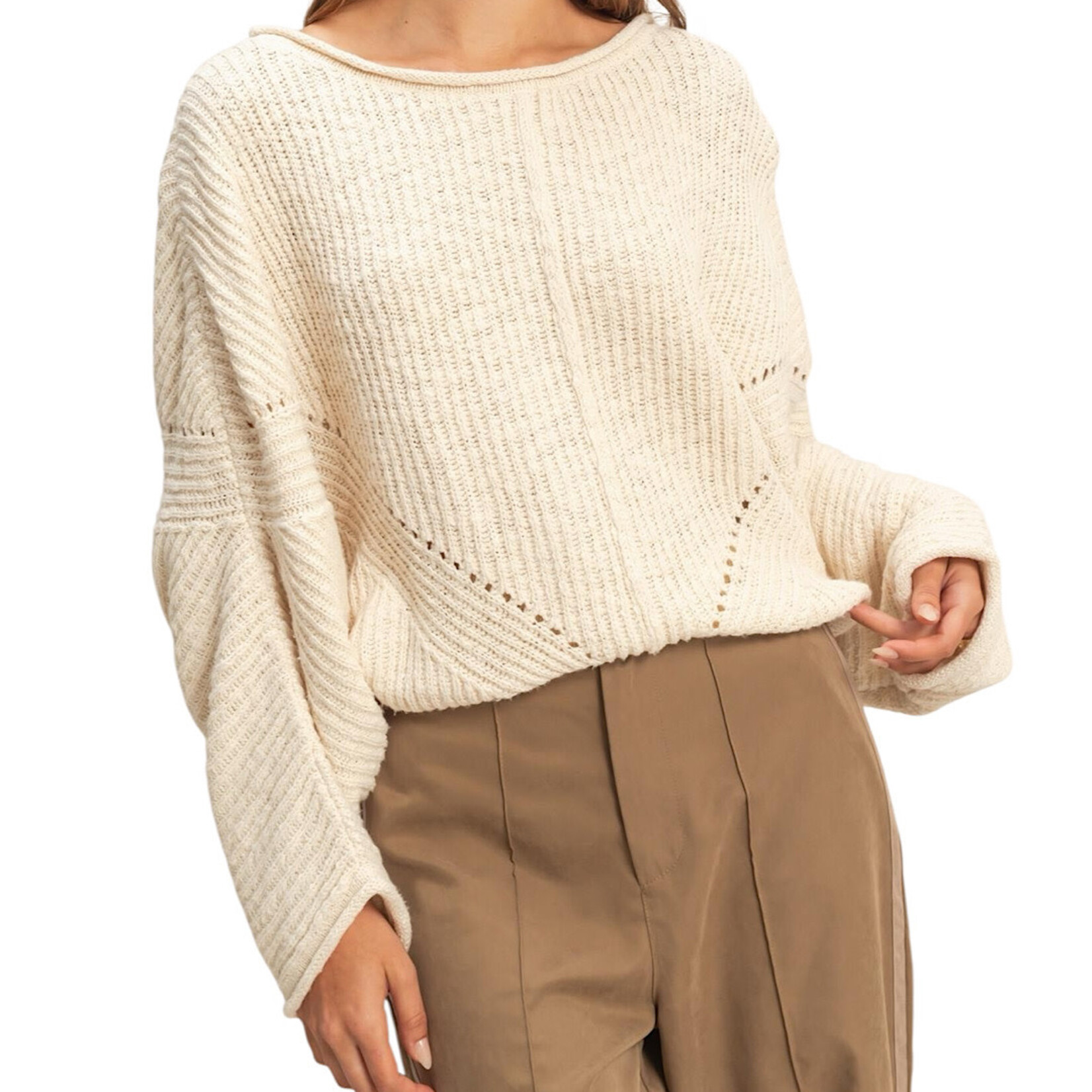 Cream Ribbed Drop Sleeve Sweater