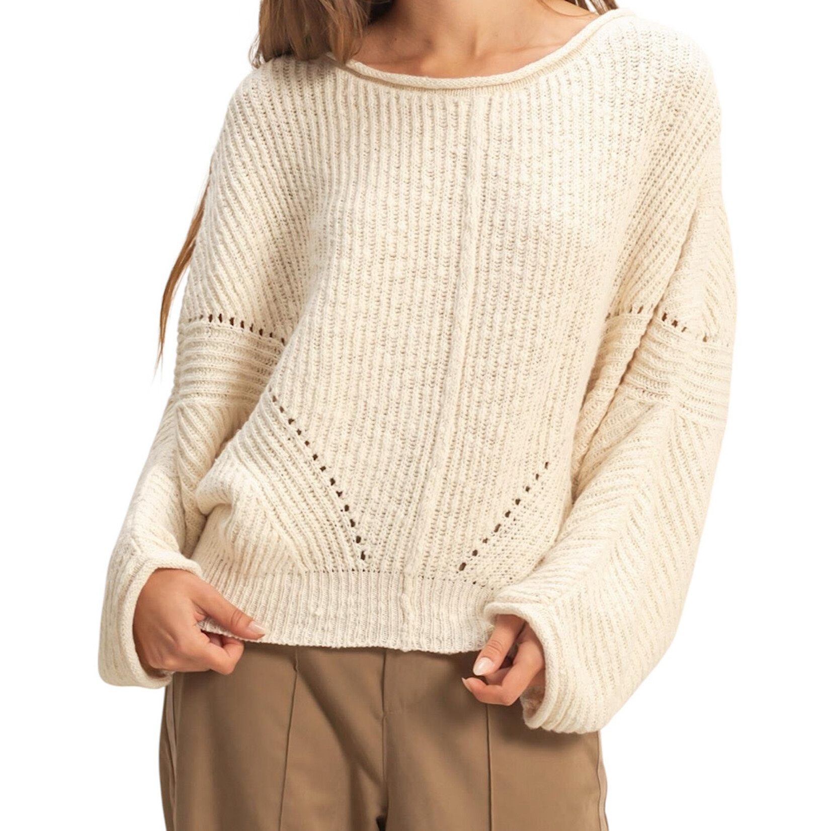 Cream Ribbed Drop Sleeve Sweater