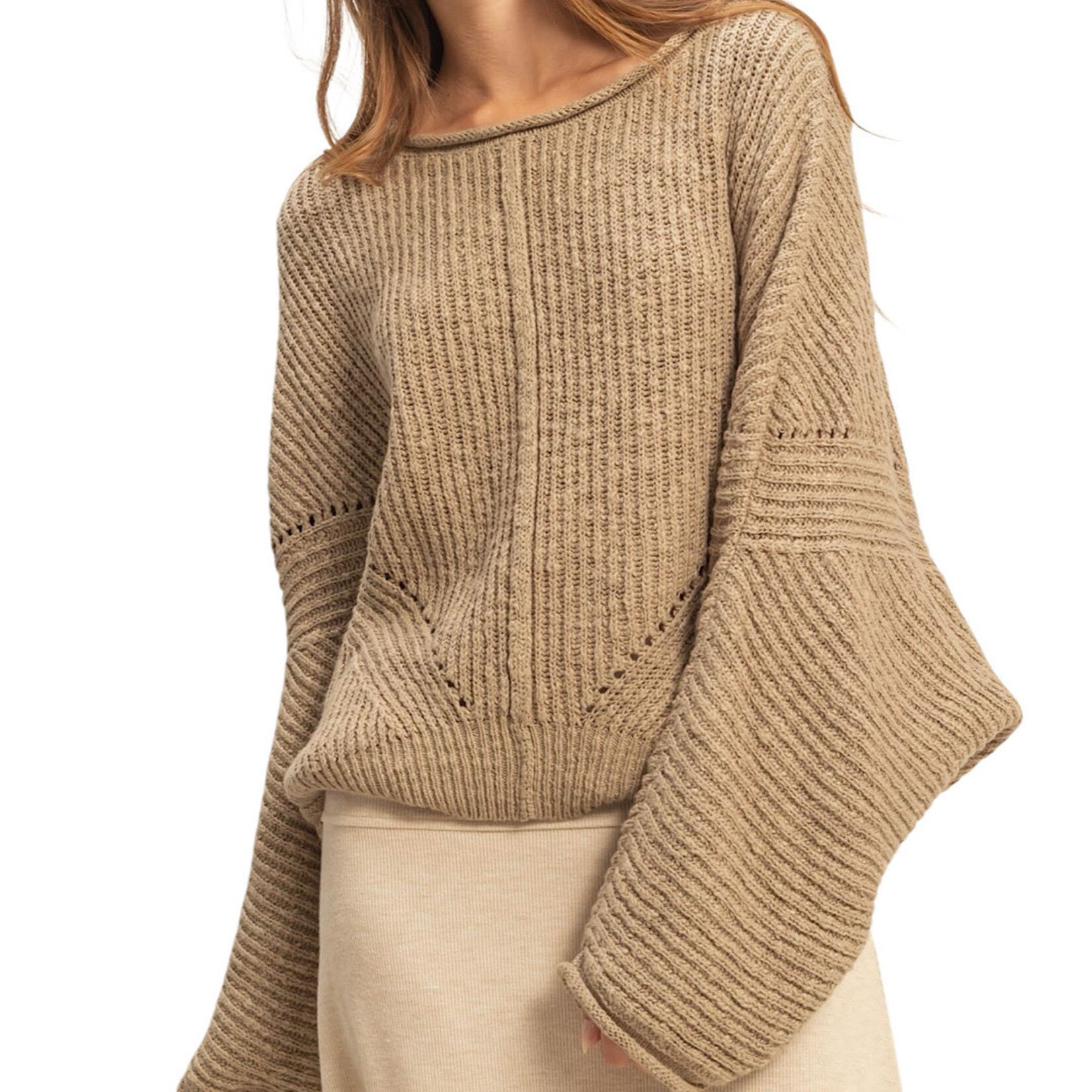 Olive Ribbed Drop Sleeve Sweater