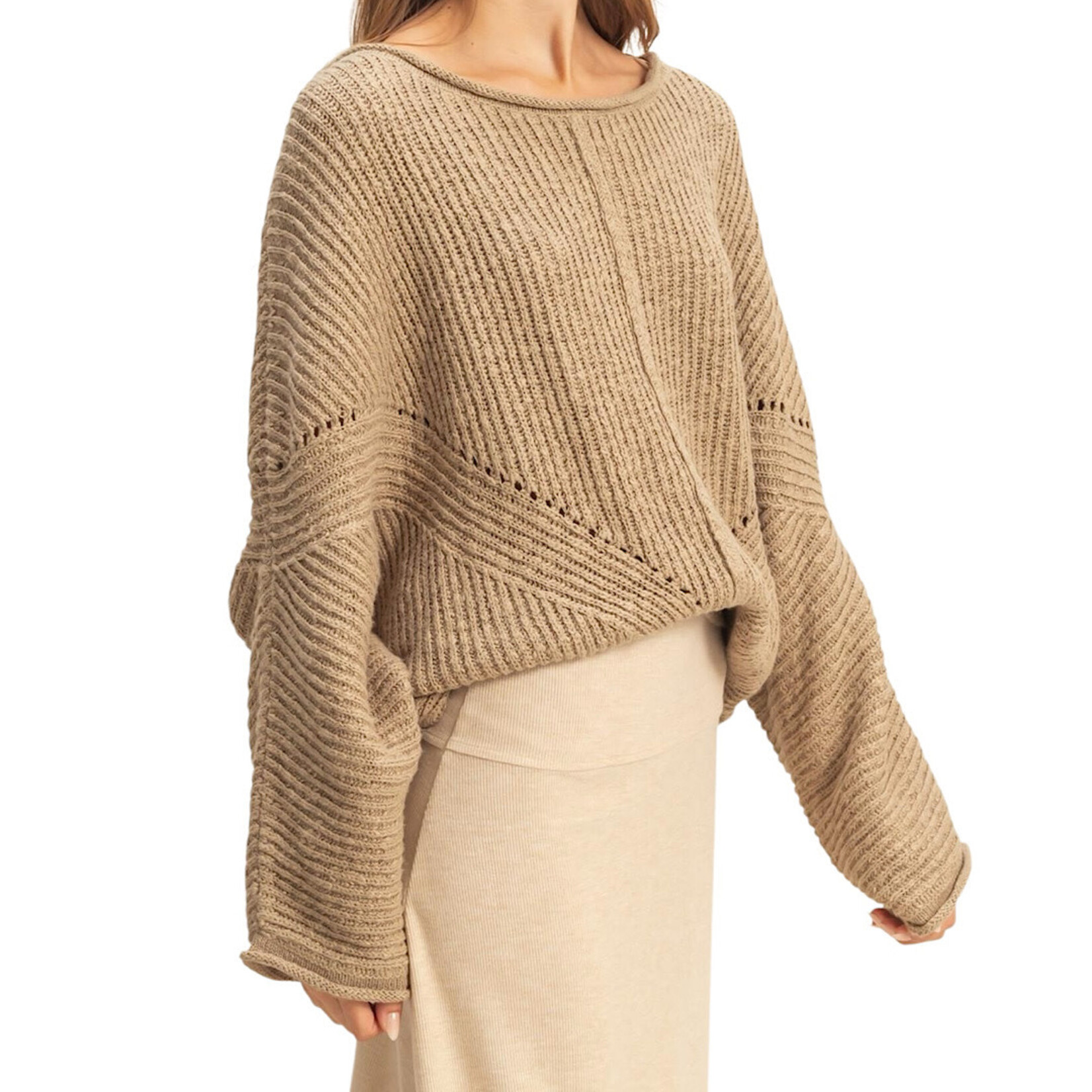 Olive Ribbed Drop Sleeve Sweater