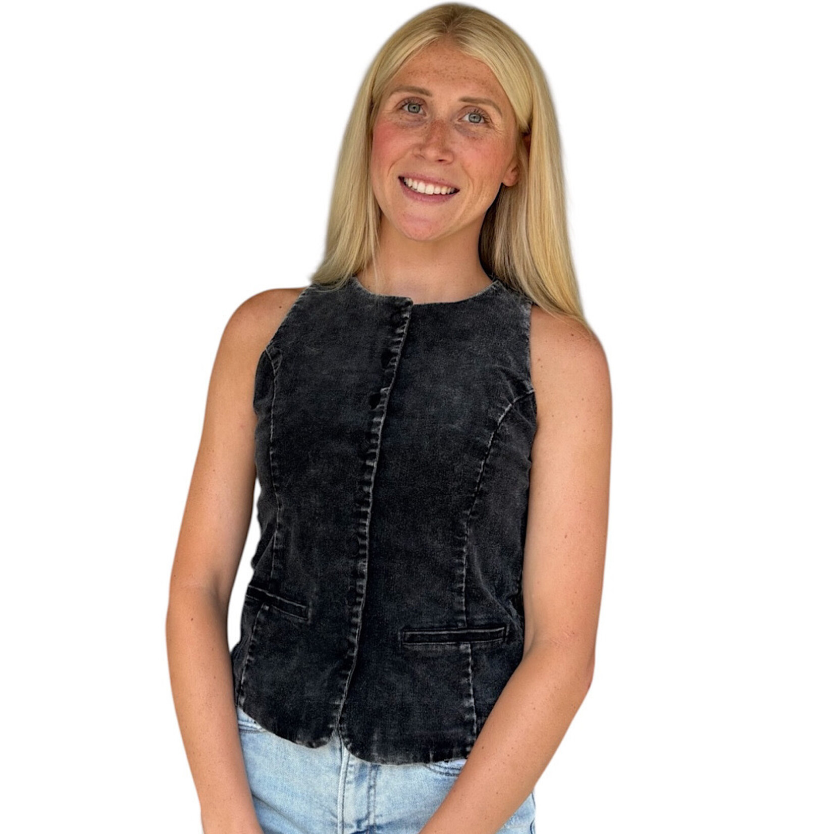 Black Mineral Washed Sleek Buttoned Vest