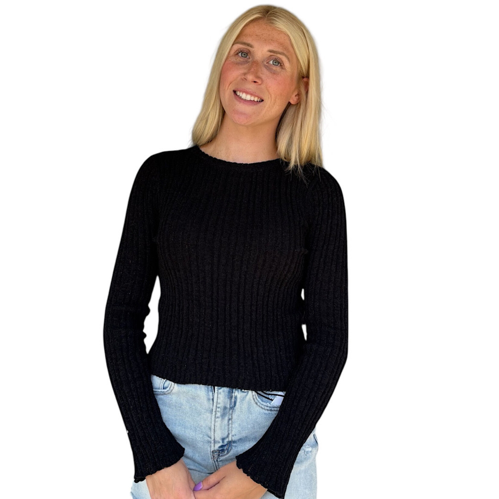 Black Versatile Ribbed Knit Sweater