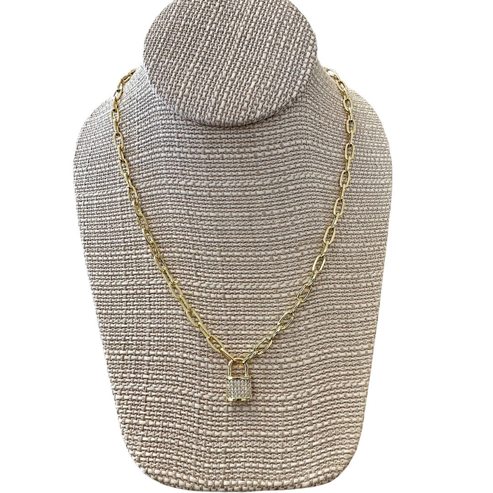 Gold Dipped Paper Clip Necklace with Lock Pendant