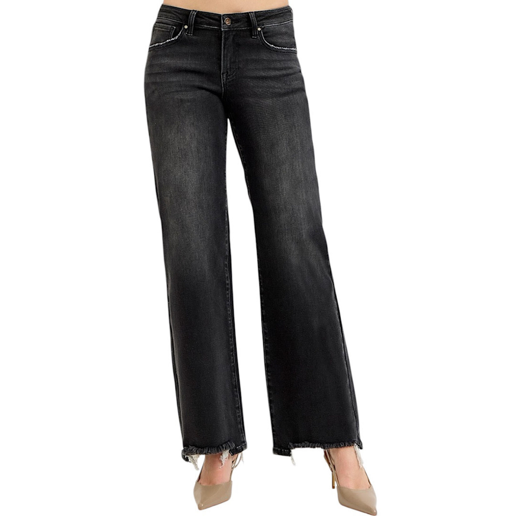 Risen PW21187 Black Low Rise Wide Leg Jean