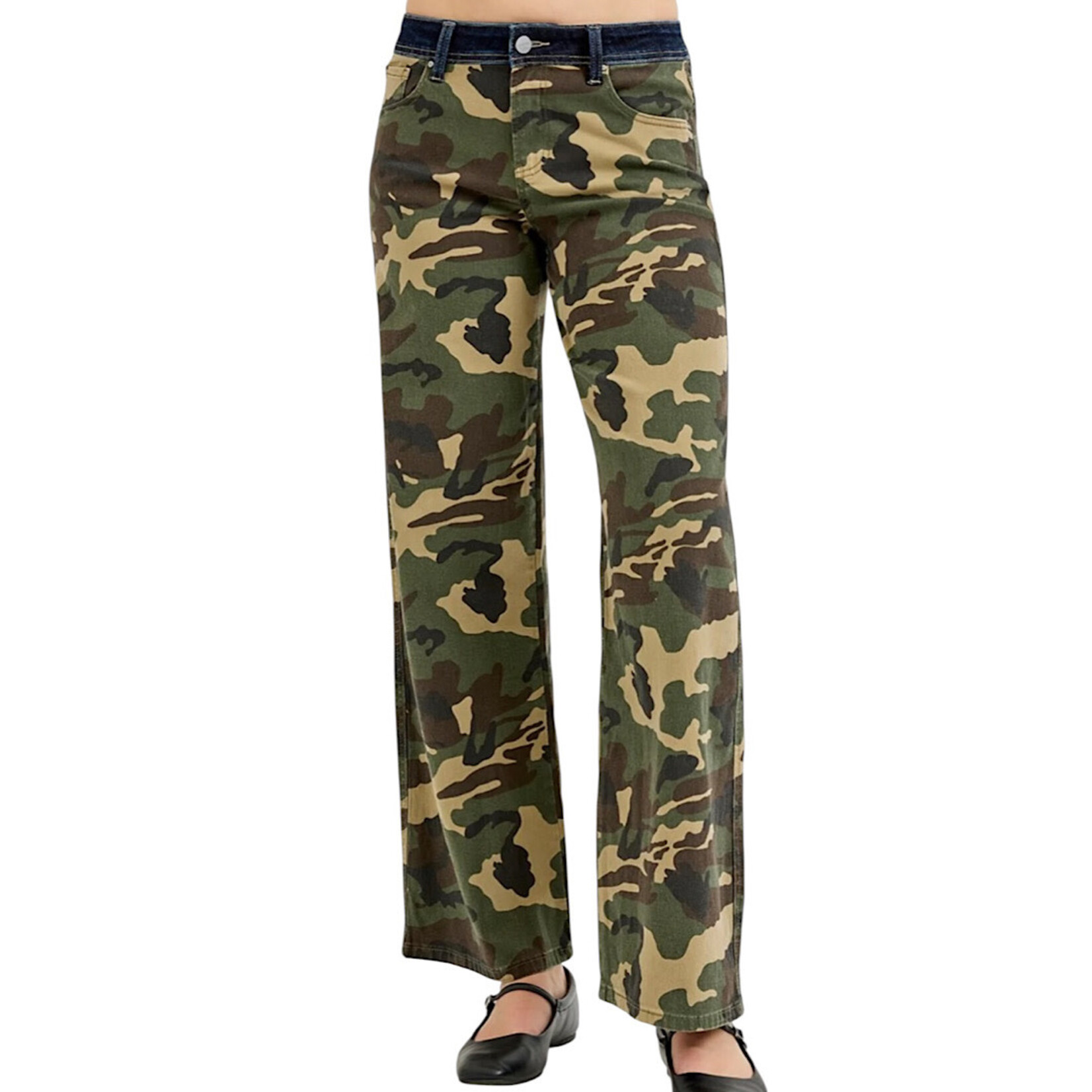 Risen PWS21274 Camo Mid Rise Straight Wide Jean