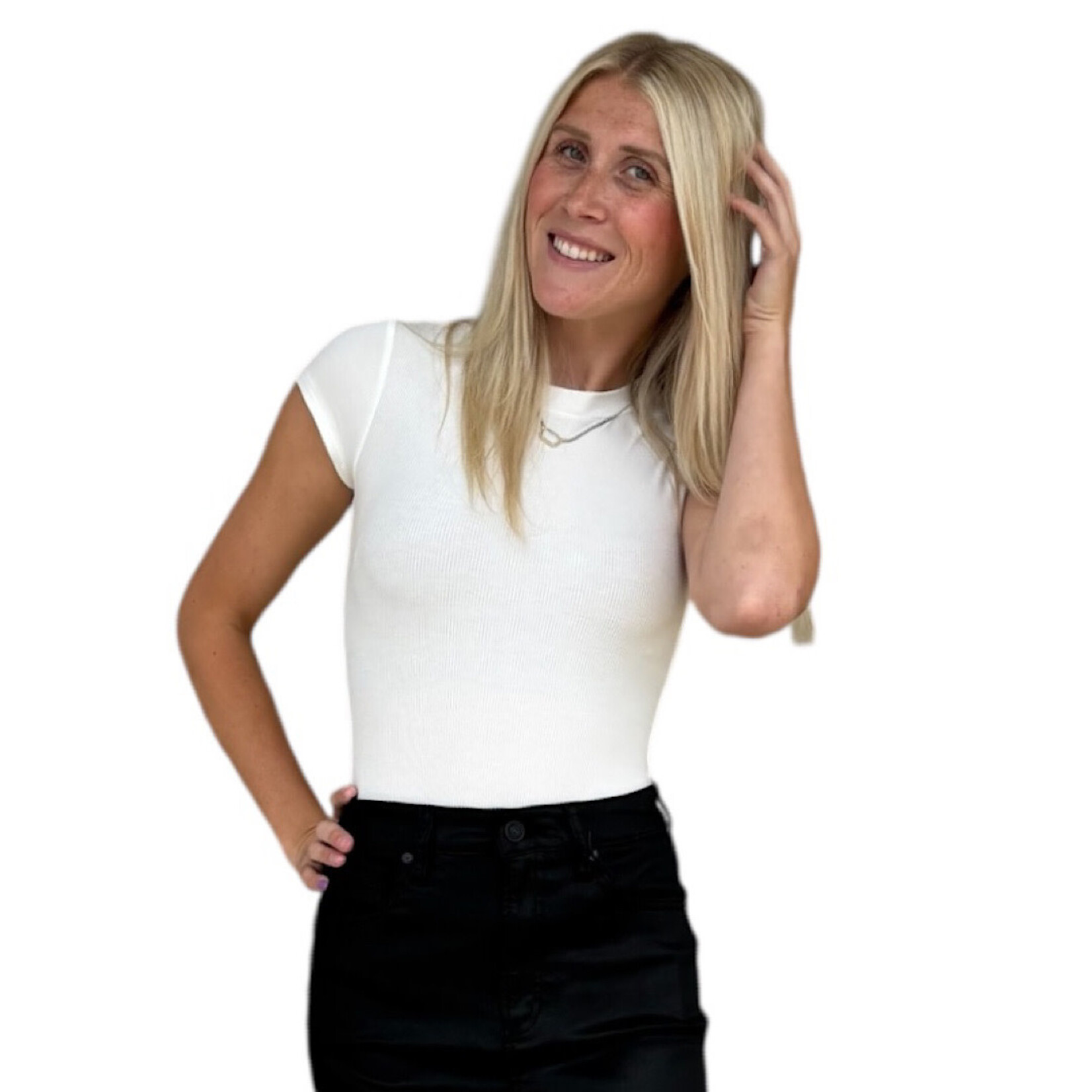 White Round Neck Short Sleeve Knit Bodysuit