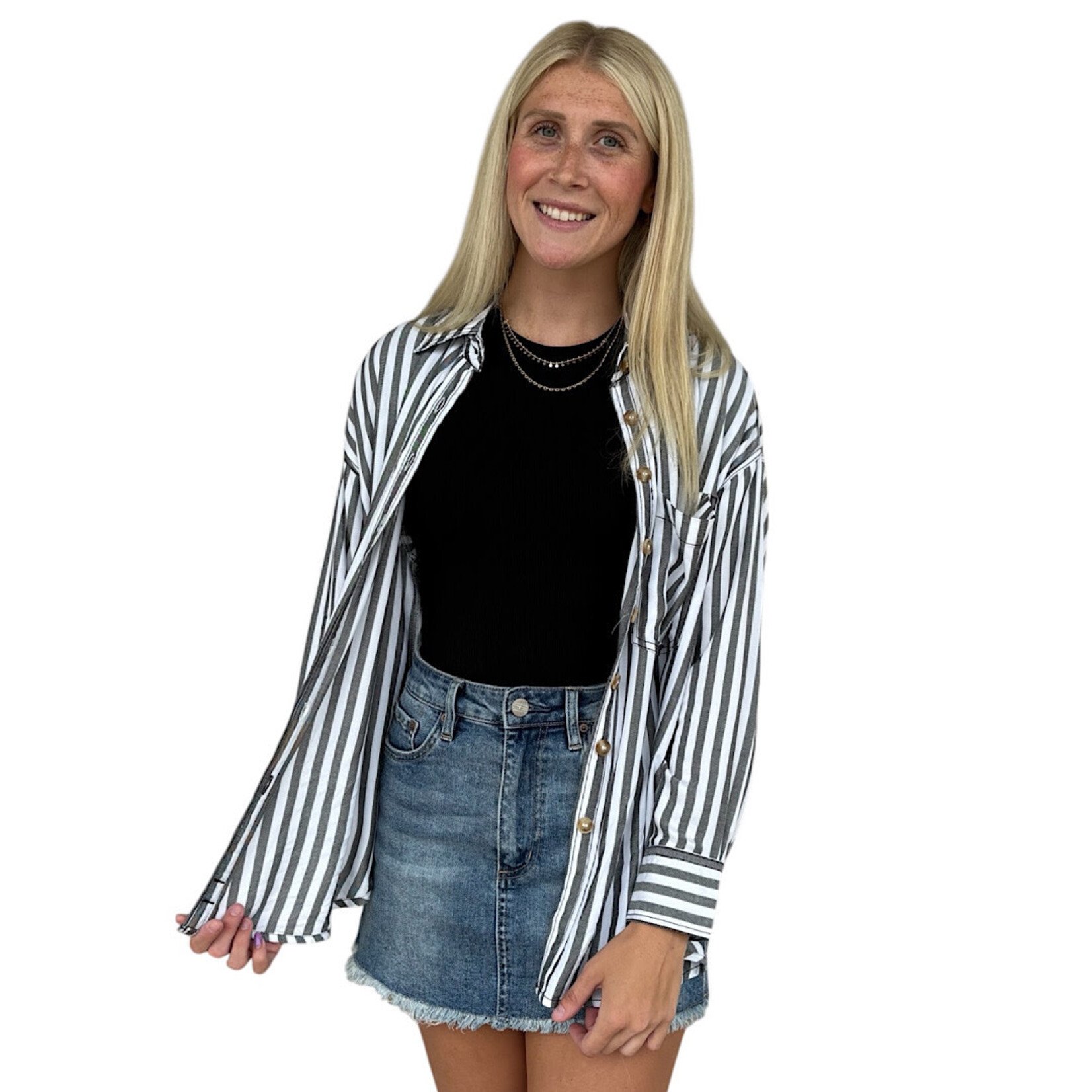 Black Stripe Collared Button Down Long Sleeve Shirt