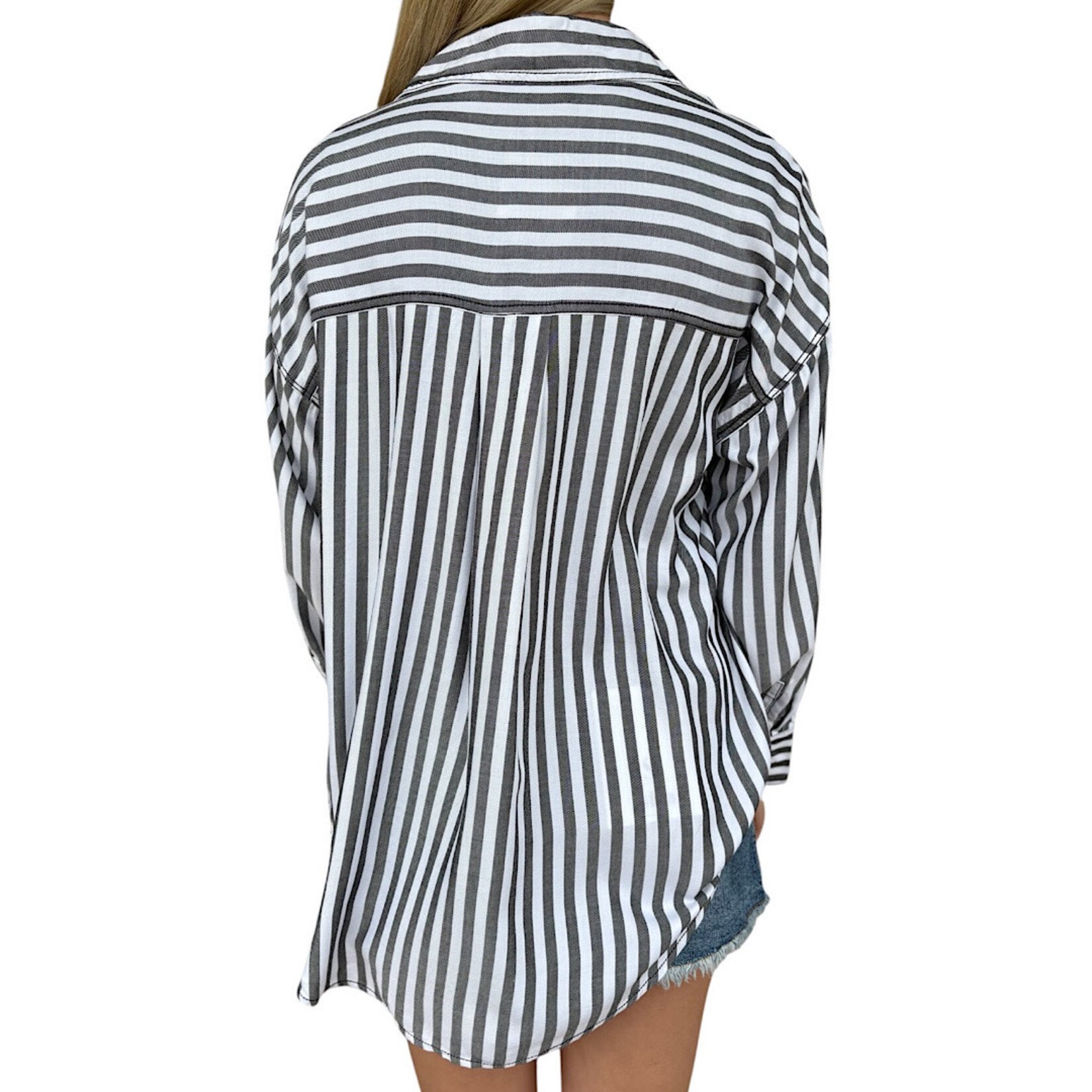 Black Stripe Collared Button Down Long Sleeve Shirt