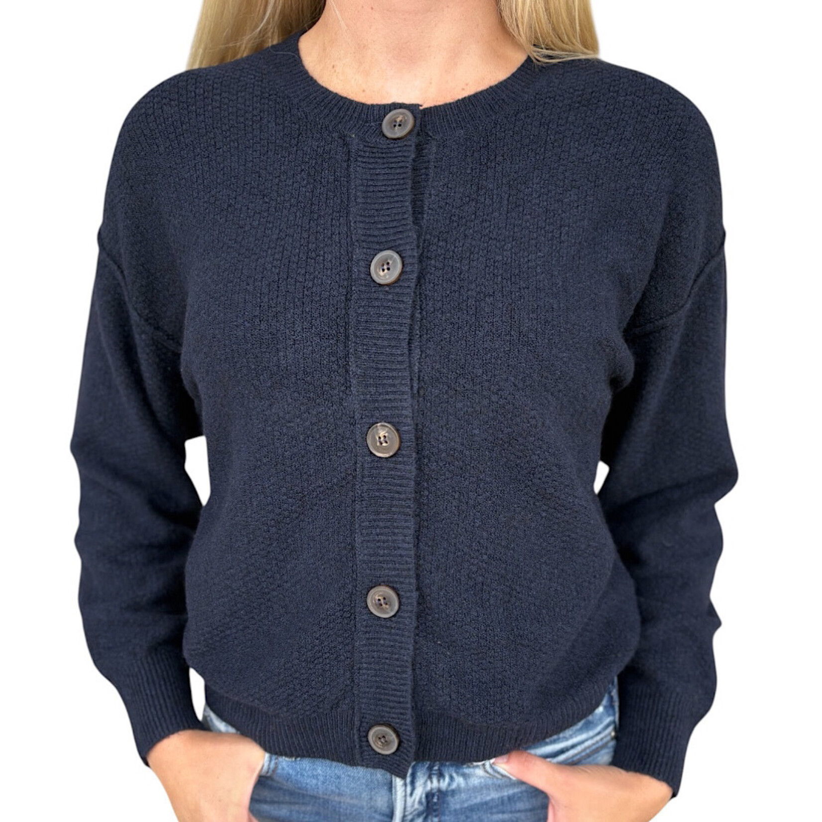 Navy Ribbed Trim Button Down Long Sleeve Knit Cardigan