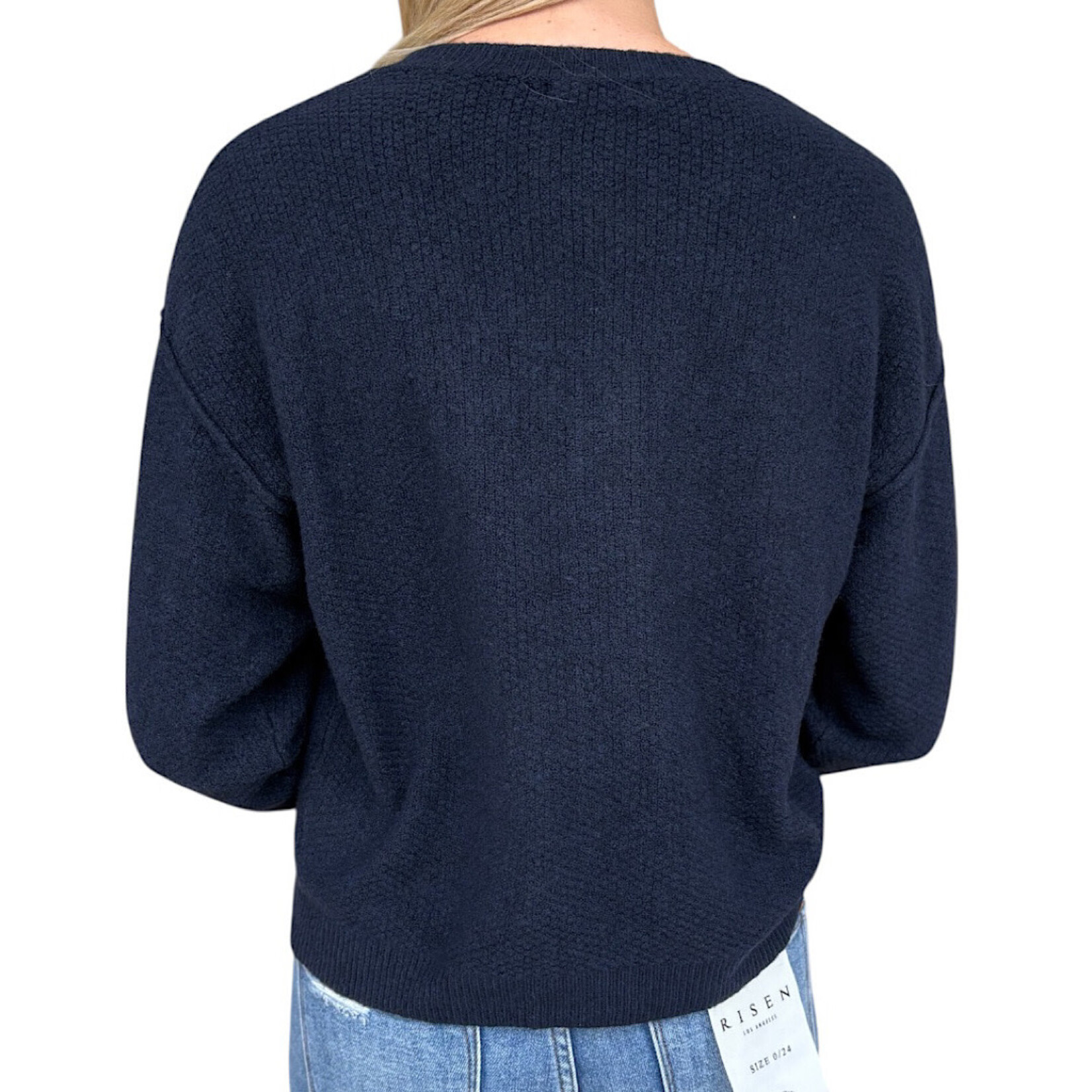 Navy Ribbed Trim Button Down Long Sleeve Knit Cardigan
