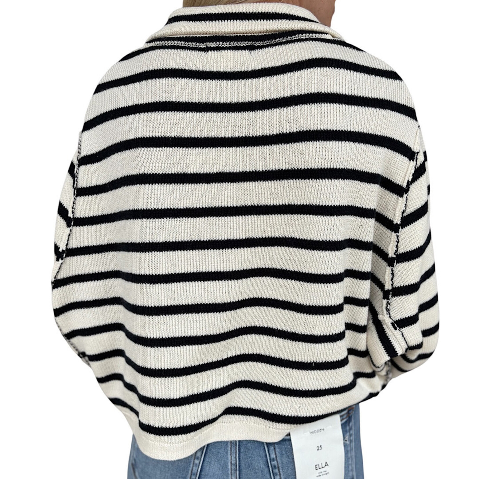 Cream Stripe Collared Exposed Seam Long Sleeve Cardigan
