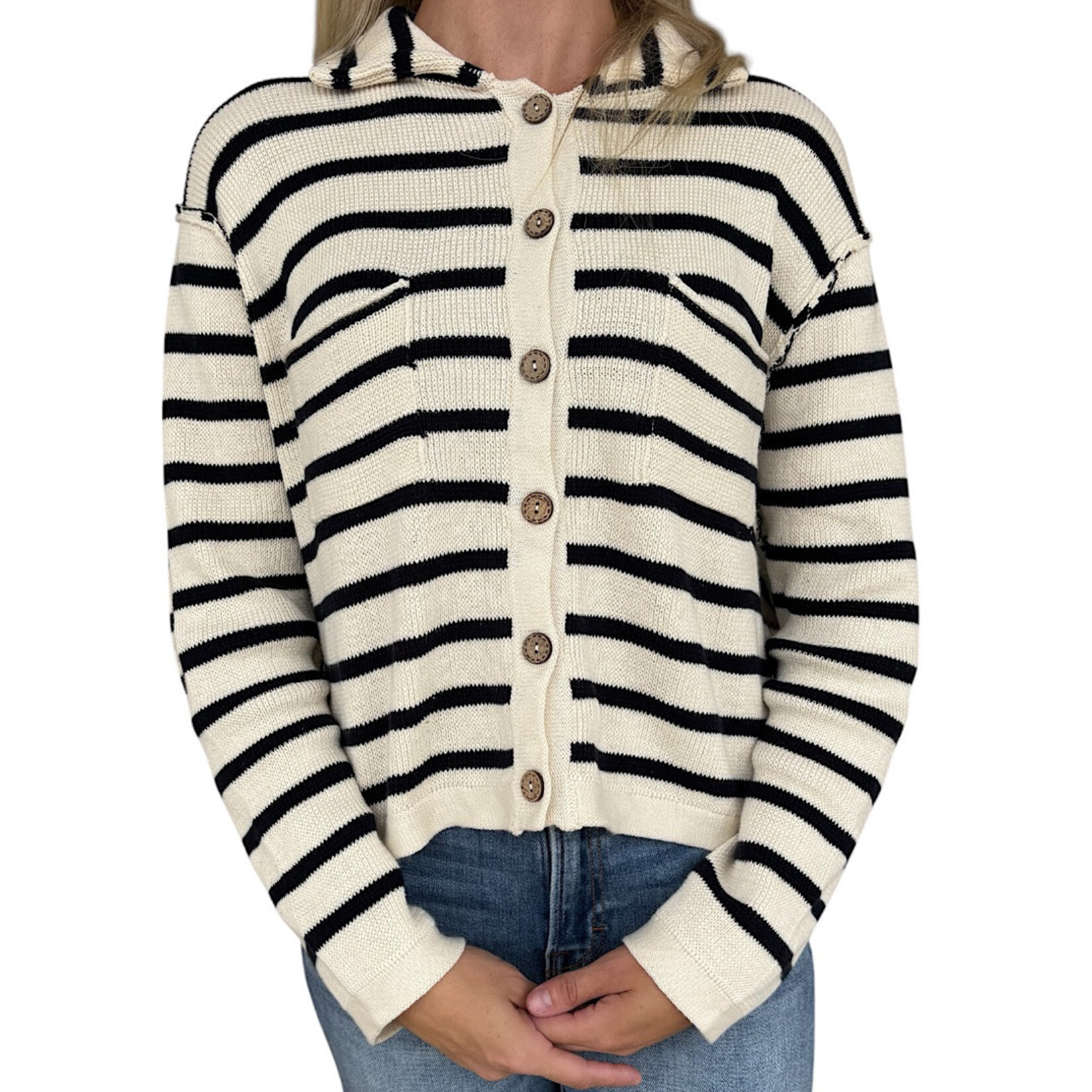 Cream Stripe Collared Exposed Seam Long Sleeve Cardigan