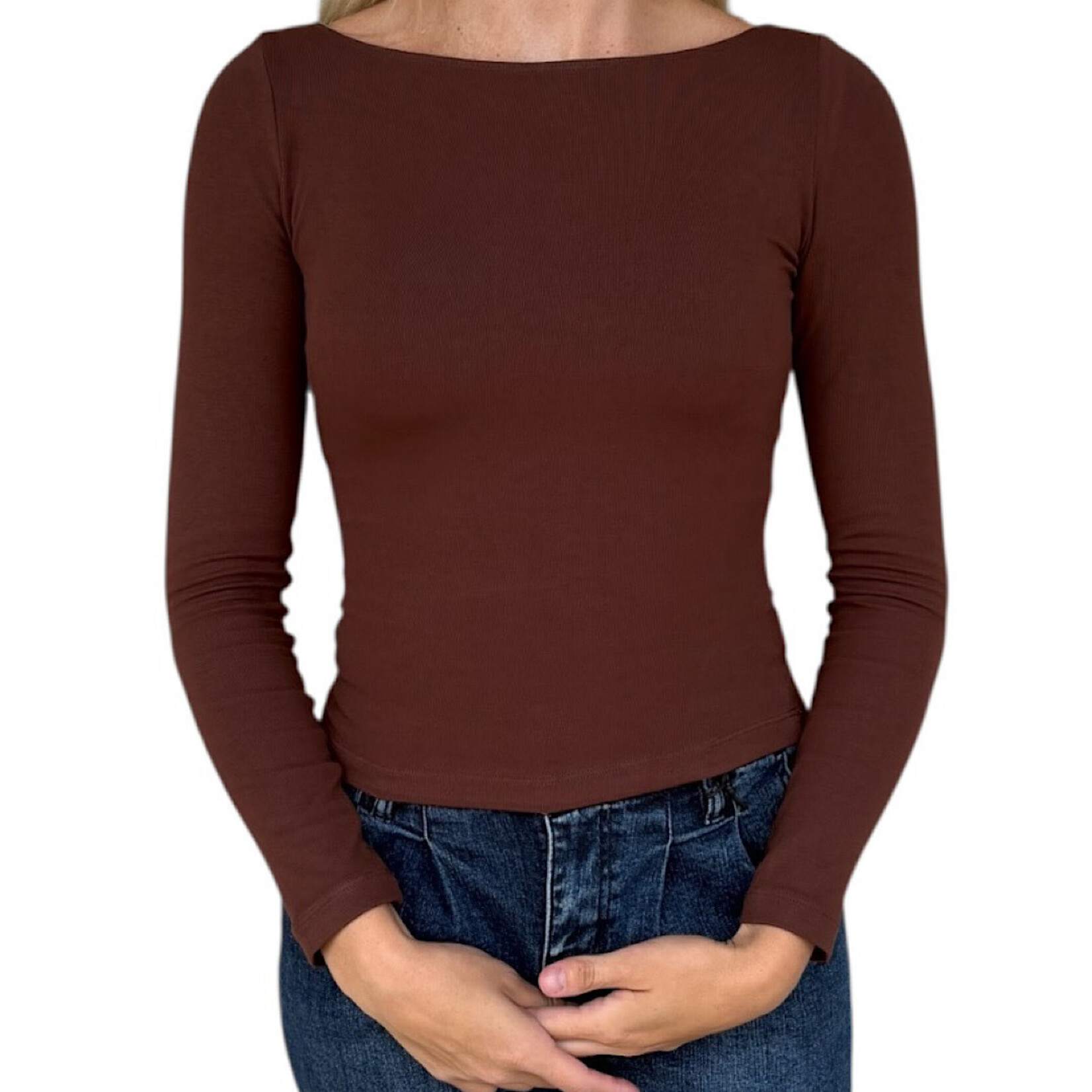 Chocolate Boat Neck Long Sleeve Solid Knit Top