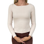 Light Khaki Boat Neck Long Sleeve Solid Knit Top