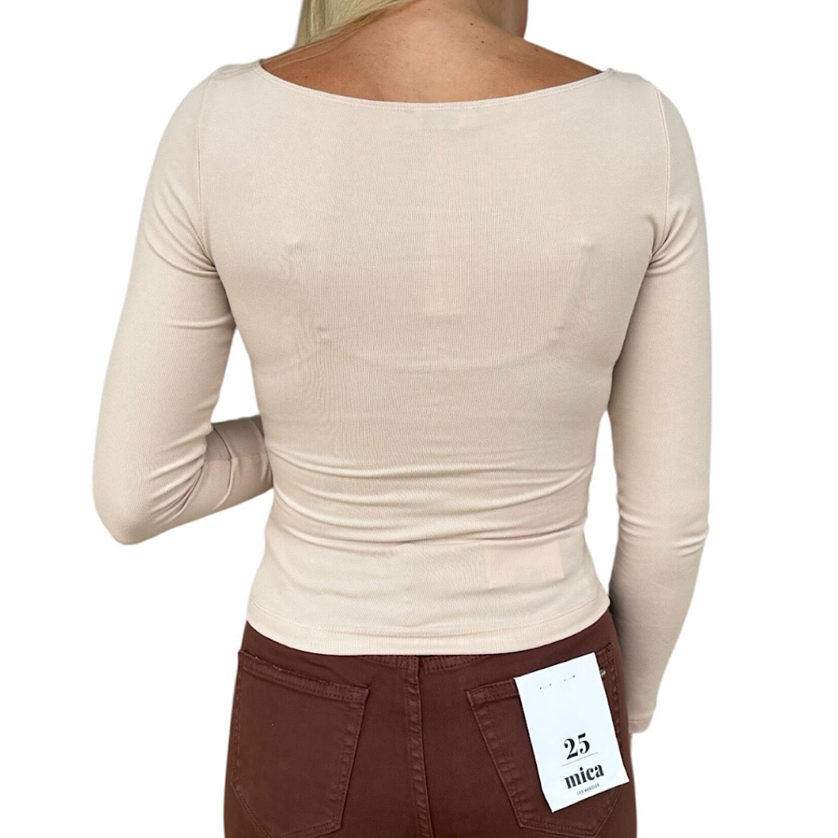 Light Khaki Boat Neck Long Sleeve Solid Knit Top