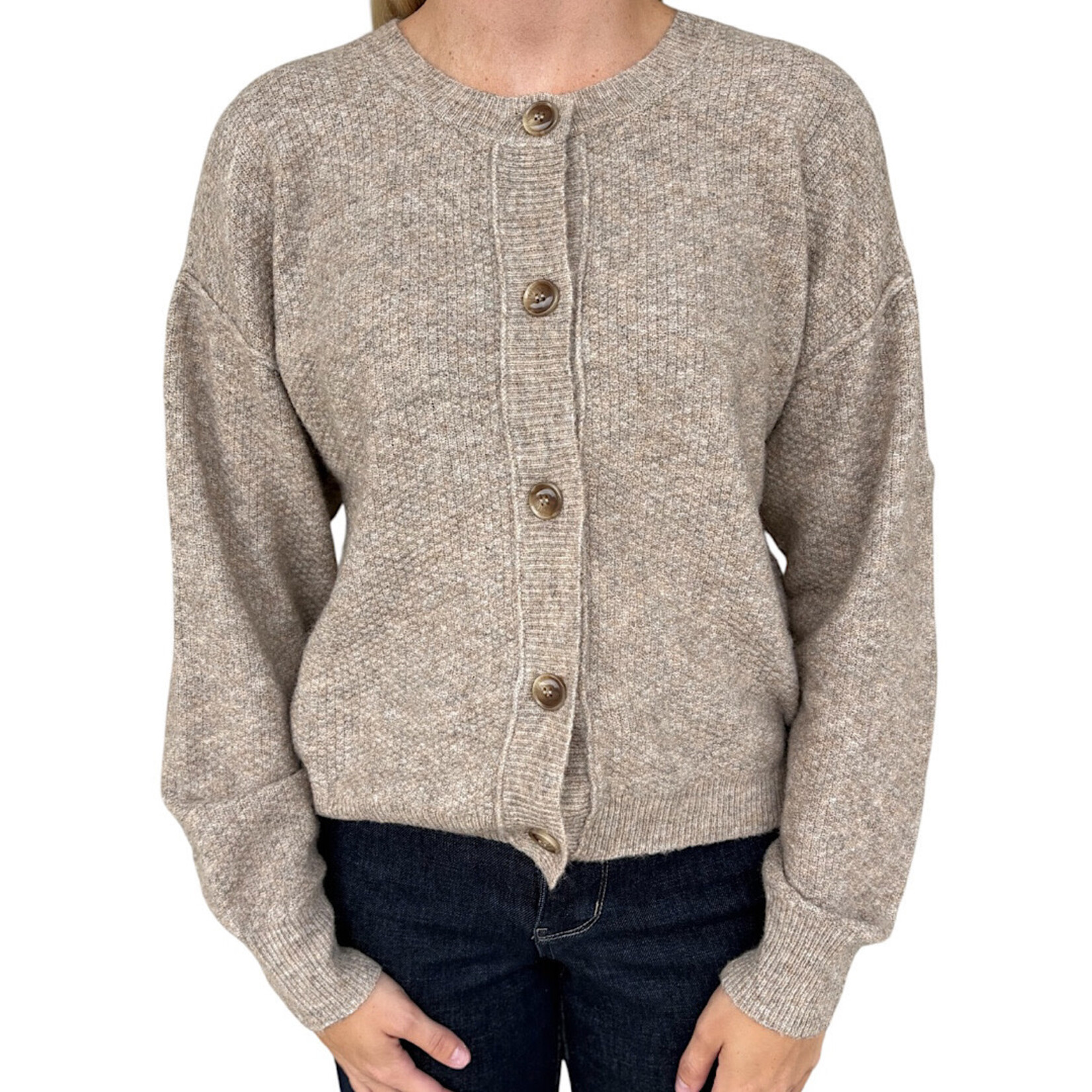 Khaki Ribbed Trim Button Down Long Sleeve Knit Cardigan