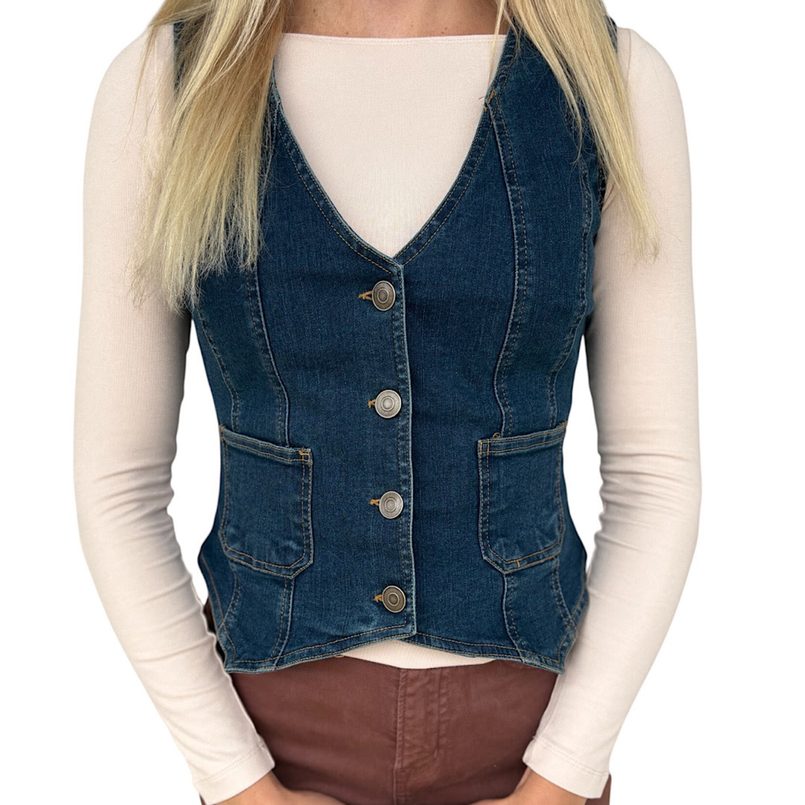 Dark Denim V-Neck Sleeveless Button Down Vest