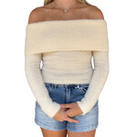Cream Off Shoulder Fold Over Blushed Knit Sweater