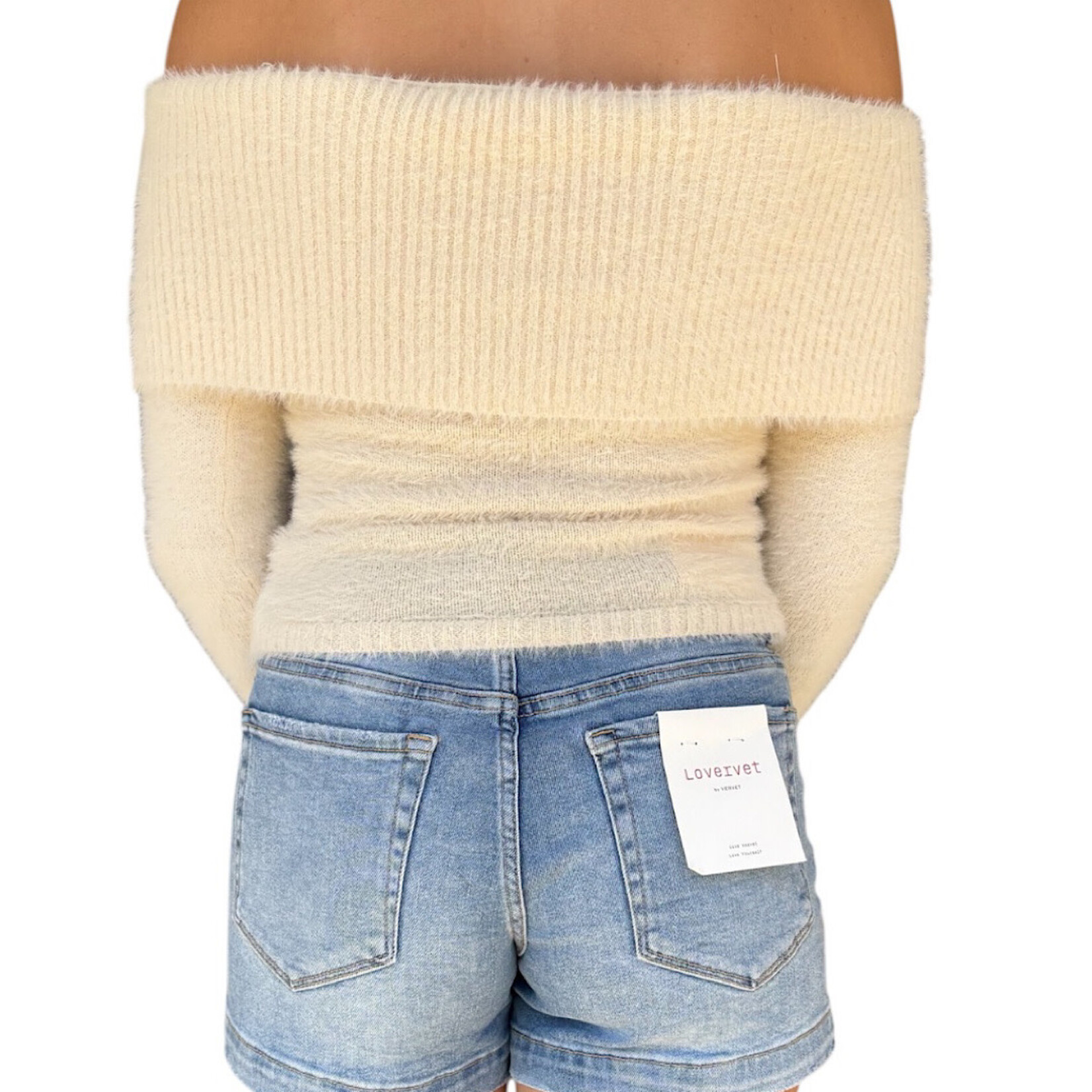 Cream Off Shoulder Fold Over Blushed Knit Sweater