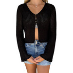 Black Bell Sleeve Front Button Crochet Knit Cardigan