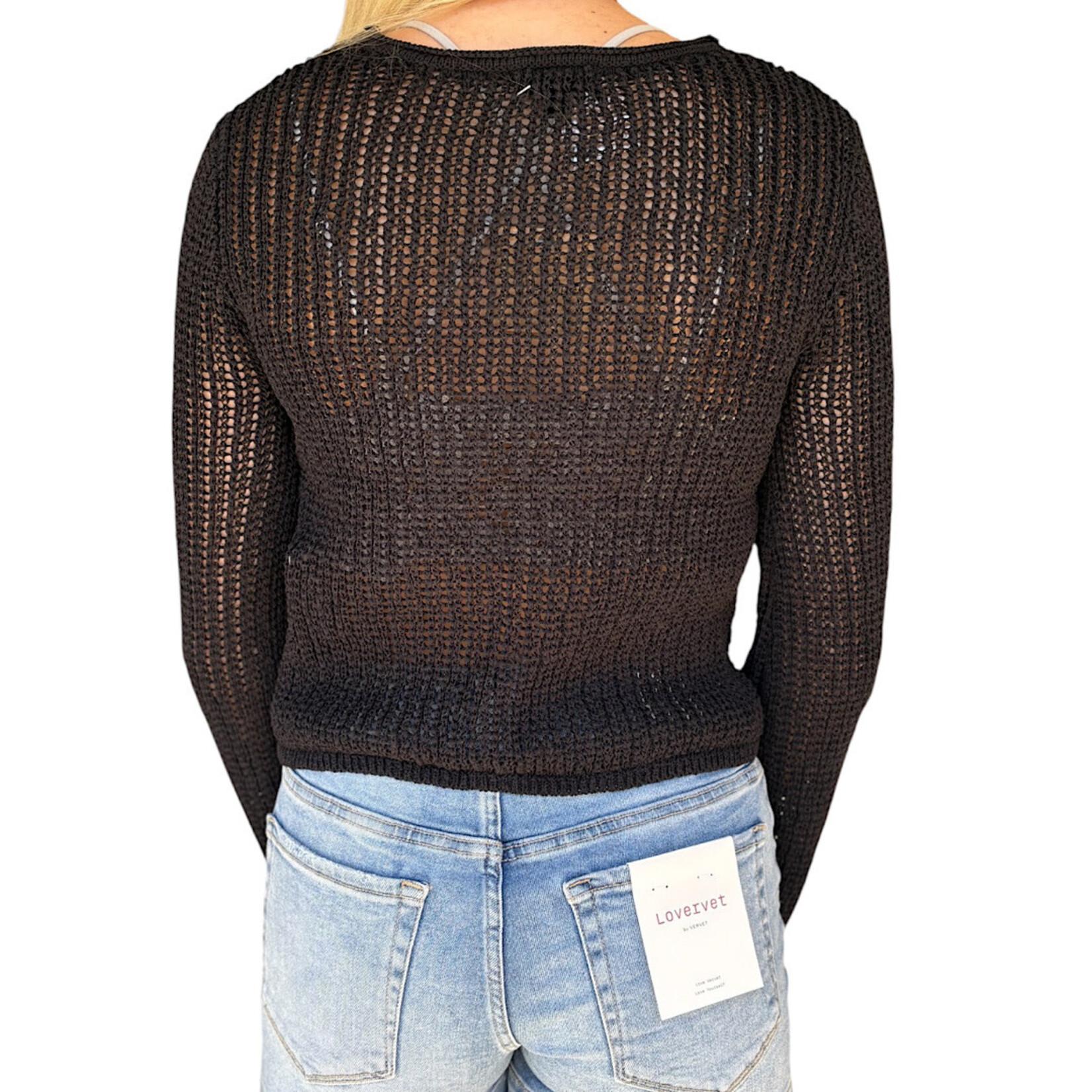 Black Bell Sleeve Front Button Crochet Knit Cardigan
