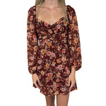 Burgundy Floral Sweetheart Long Sleeve Back Tie Mini Dress