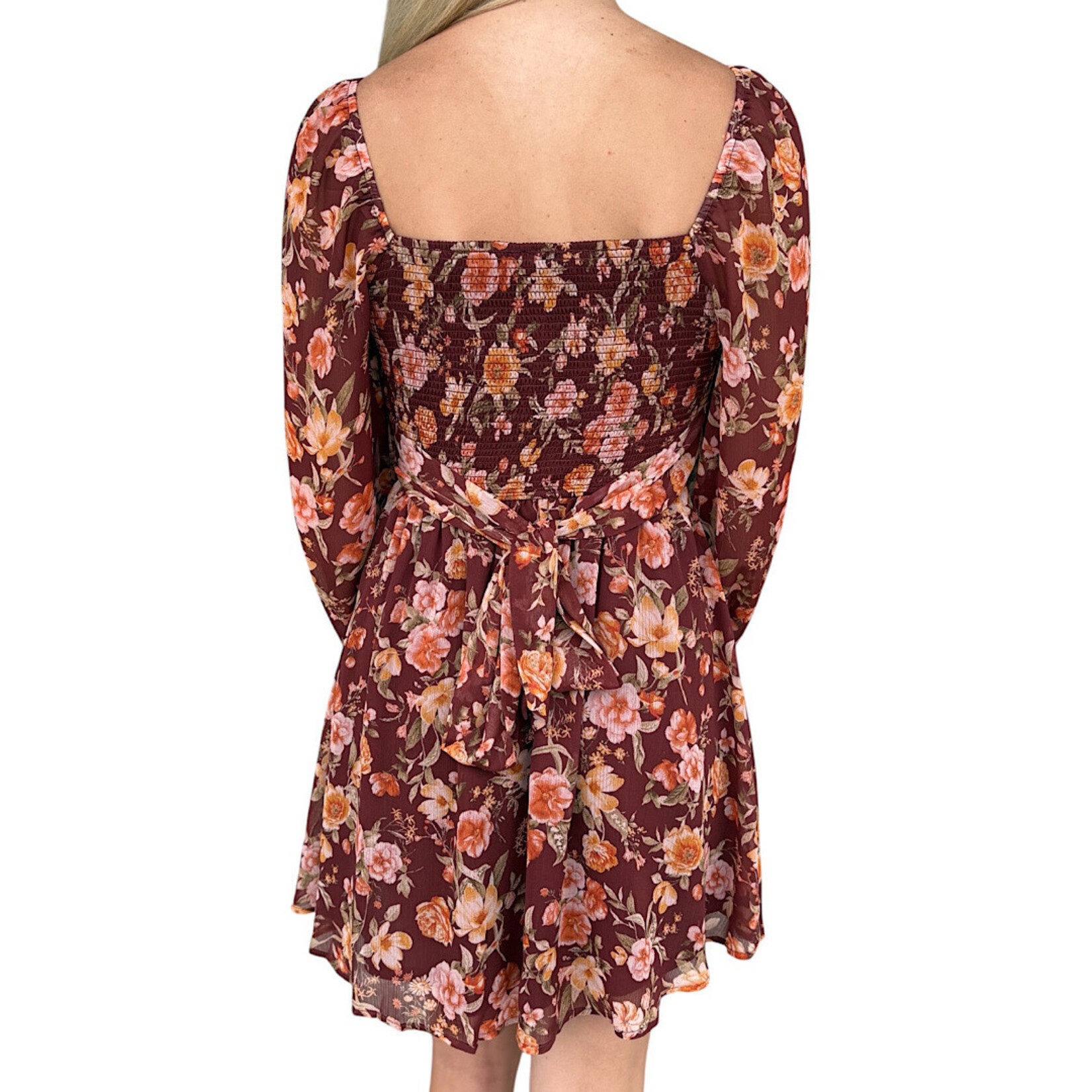 Burgundy Floral Sweetheart Long Sleeve Back Tie Mini Dress