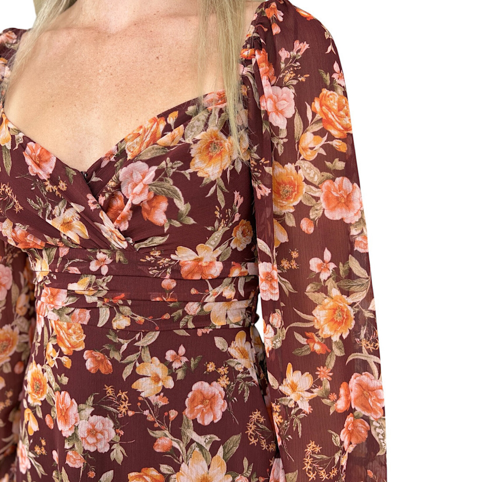 Burgundy Floral Sweetheart Long Sleeve Back Tie Mini Dress