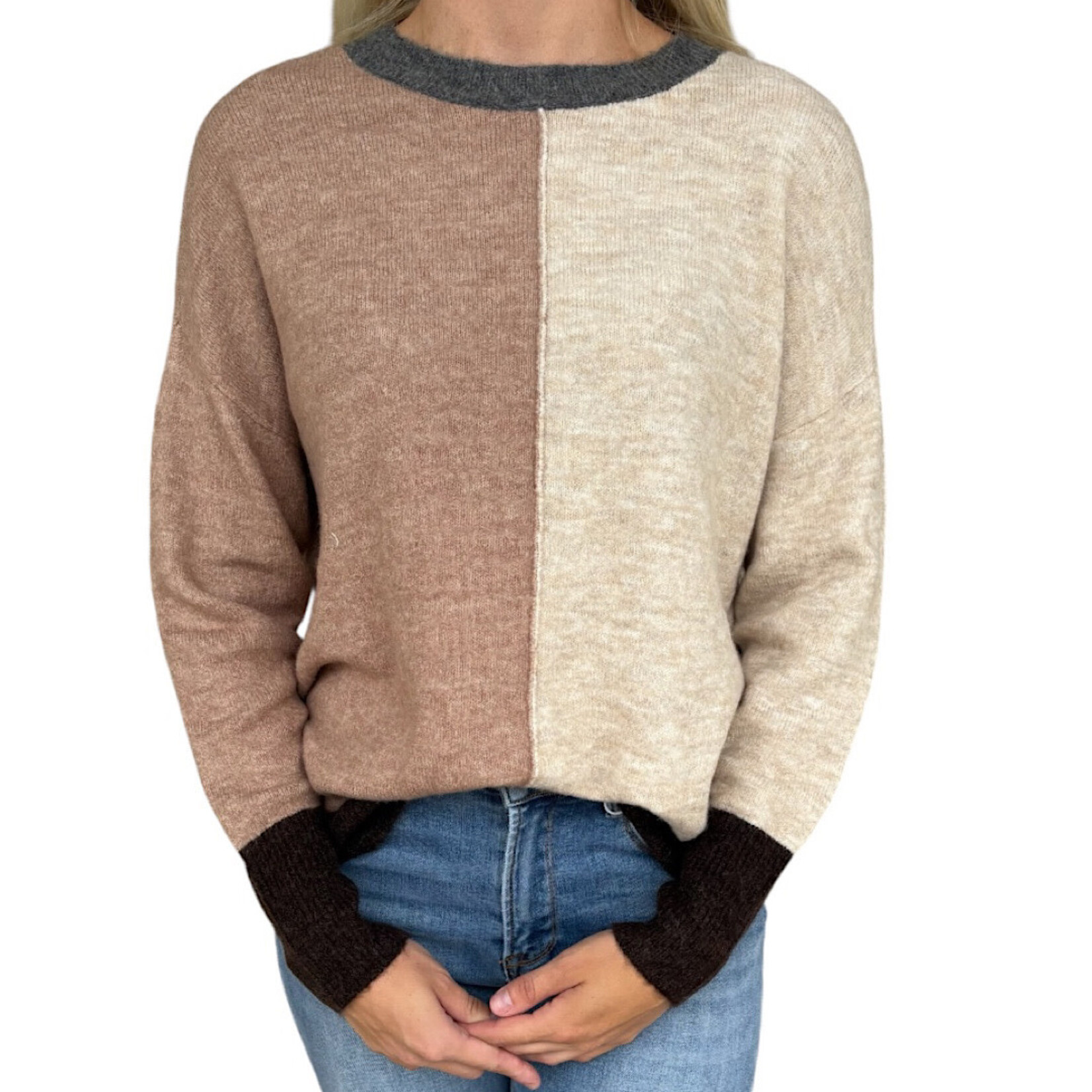 Khaki Multi Colorblock Front Seam Long Sleeve Knit Sweater