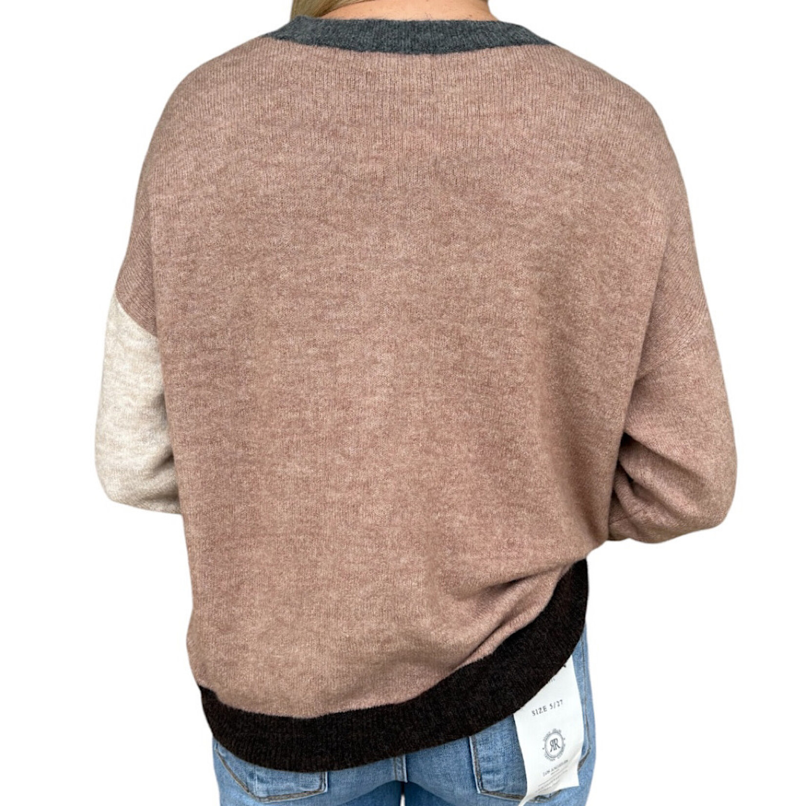 Khaki Multi Colorblock Front Seam Long Sleeve Knit Sweater