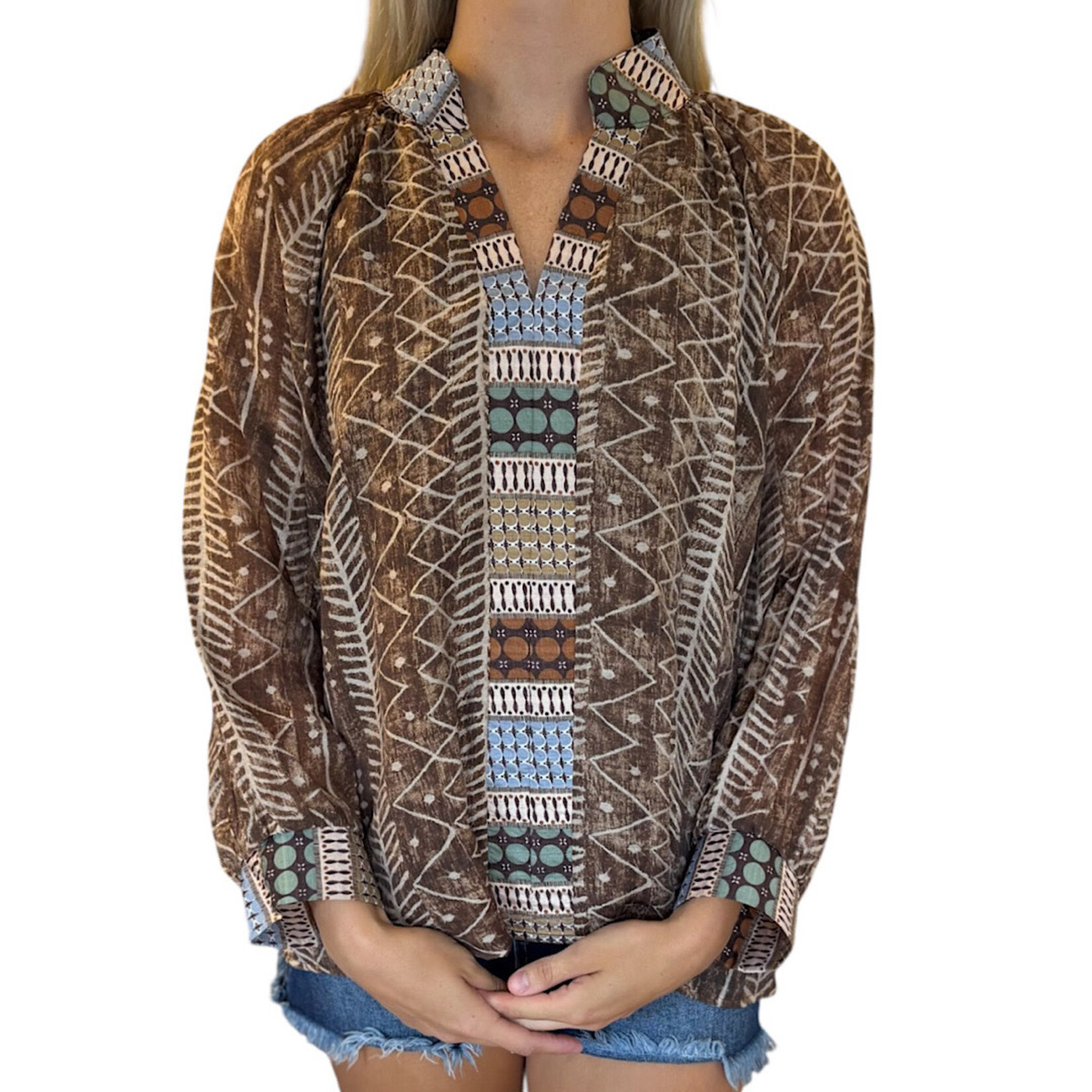 Brown Mix Tribal Print Puff Sleeve Top