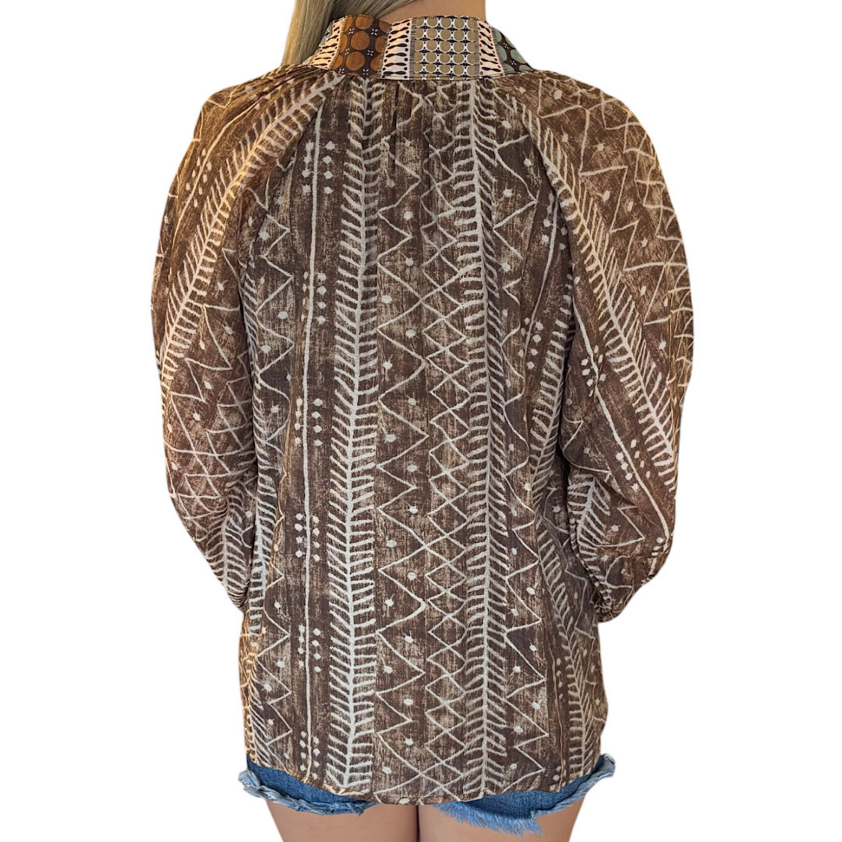 Brown Mix Tribal Print Puff Sleeve Top