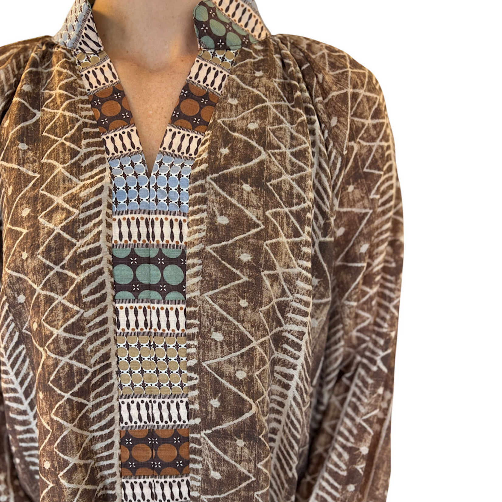 Brown Mix Tribal Print Puff Sleeve Top