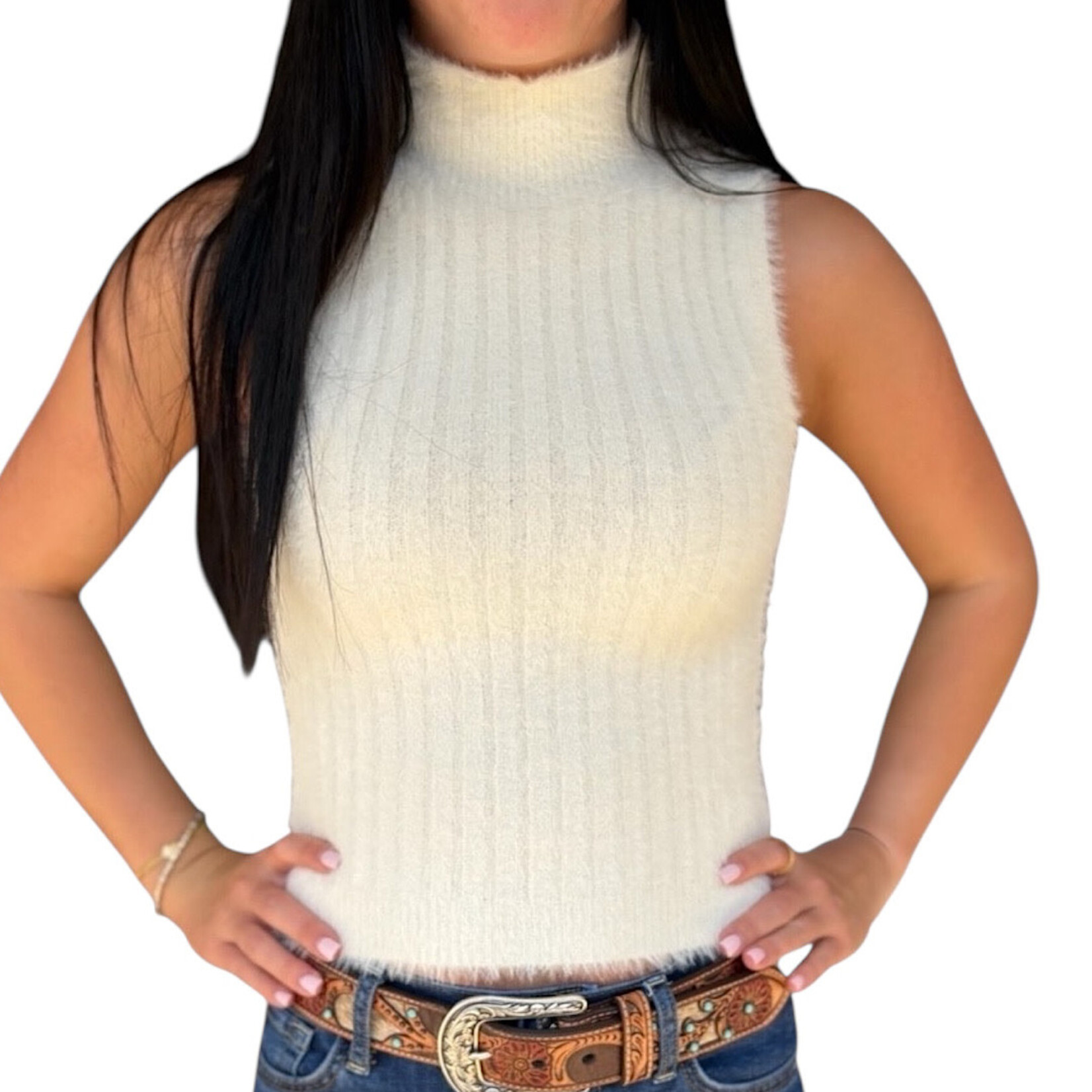 Off White High Neck  Ribbed Fuzzy Sleeveless Top