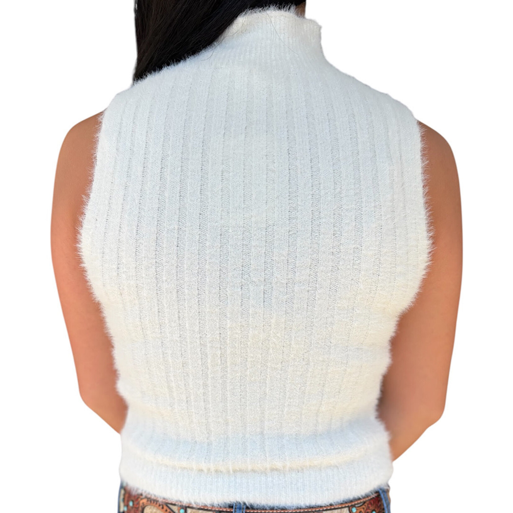 Off White High Neck  Ribbed Fuzzy Sleeveless Top