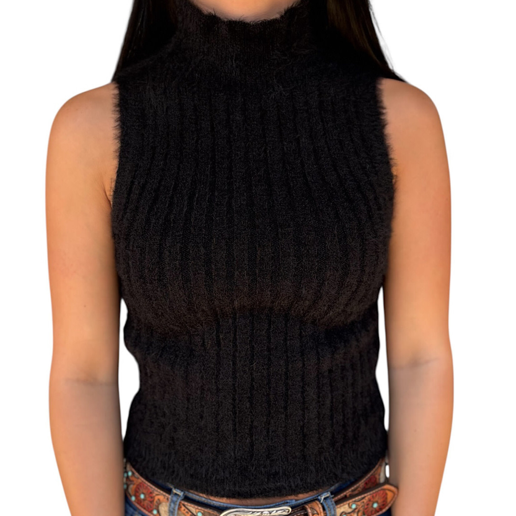 Black High Neck  Ribbed Fuzzy Sleeveless Top