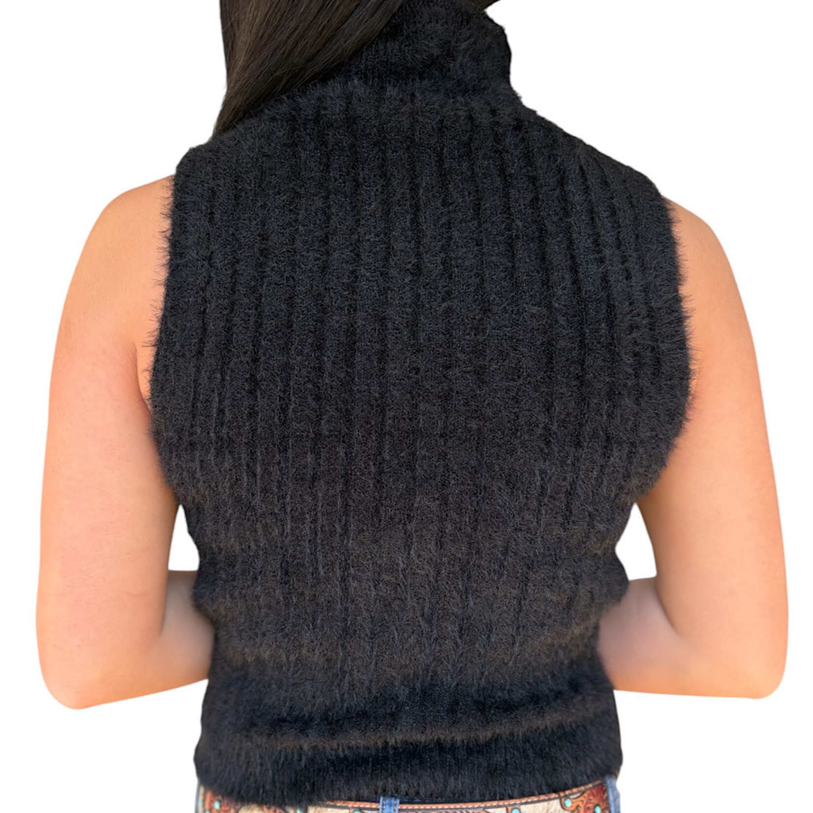 Black High Neck  Ribbed Fuzzy Sleeveless Top