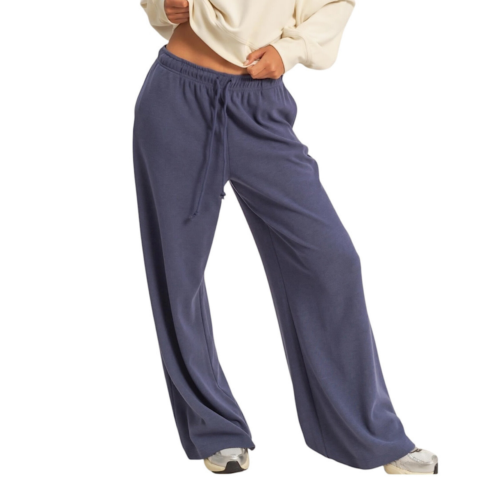 Dusty Indigo Soft Ribbed Wide Leg Drawstring Waist Sweatpants