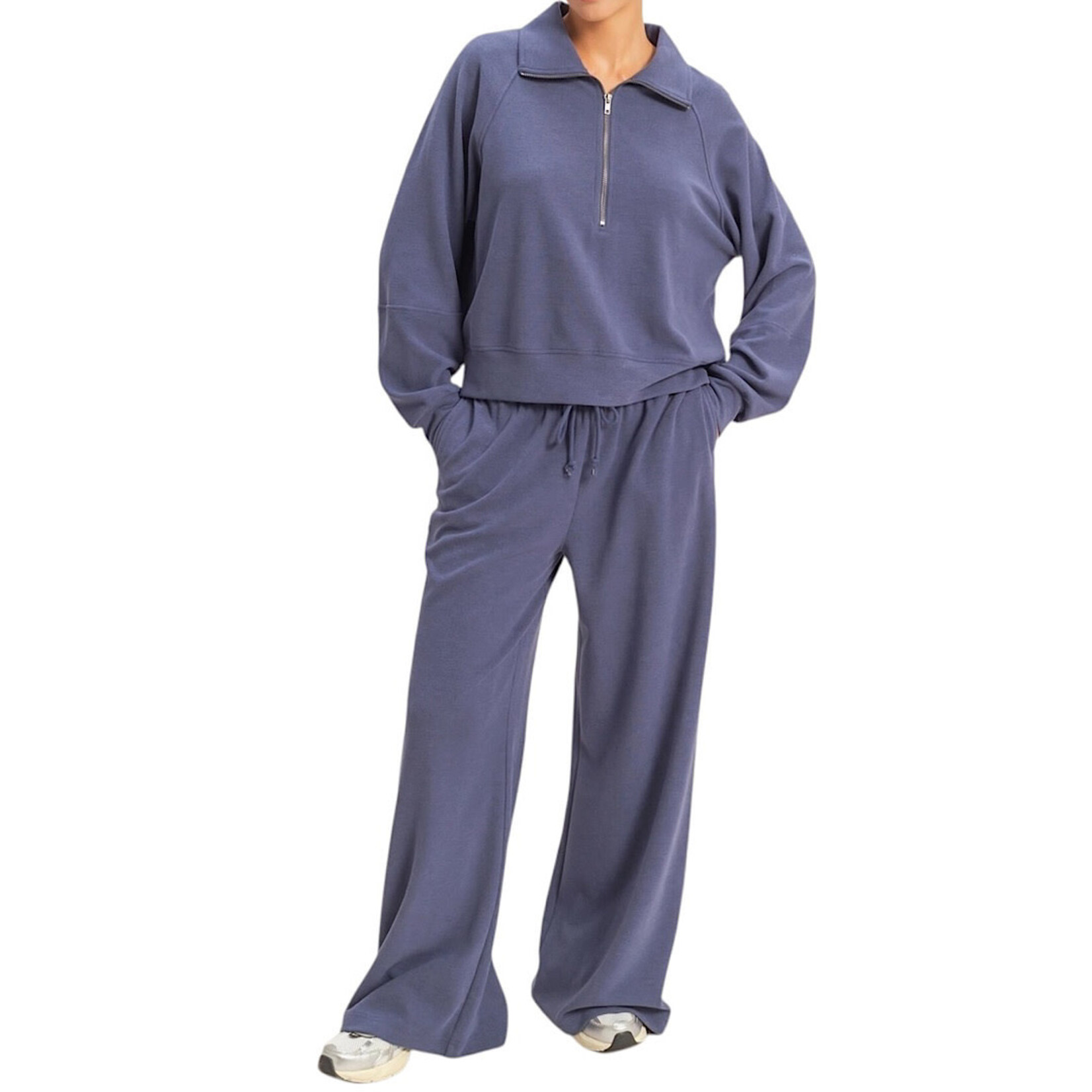 Dusty Indigo Soft Ribbed Wide Leg Drawstring Waist Sweatpants