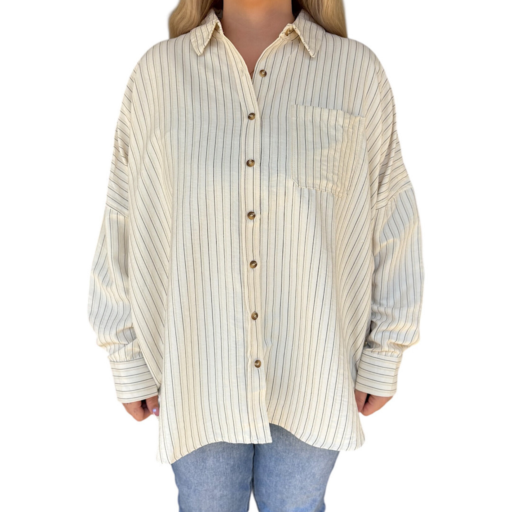 Cream Striped Button Up Top