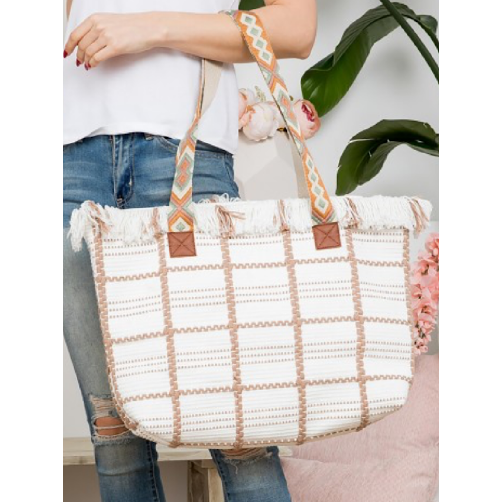 Woven Cotton Checkered Tote Bag