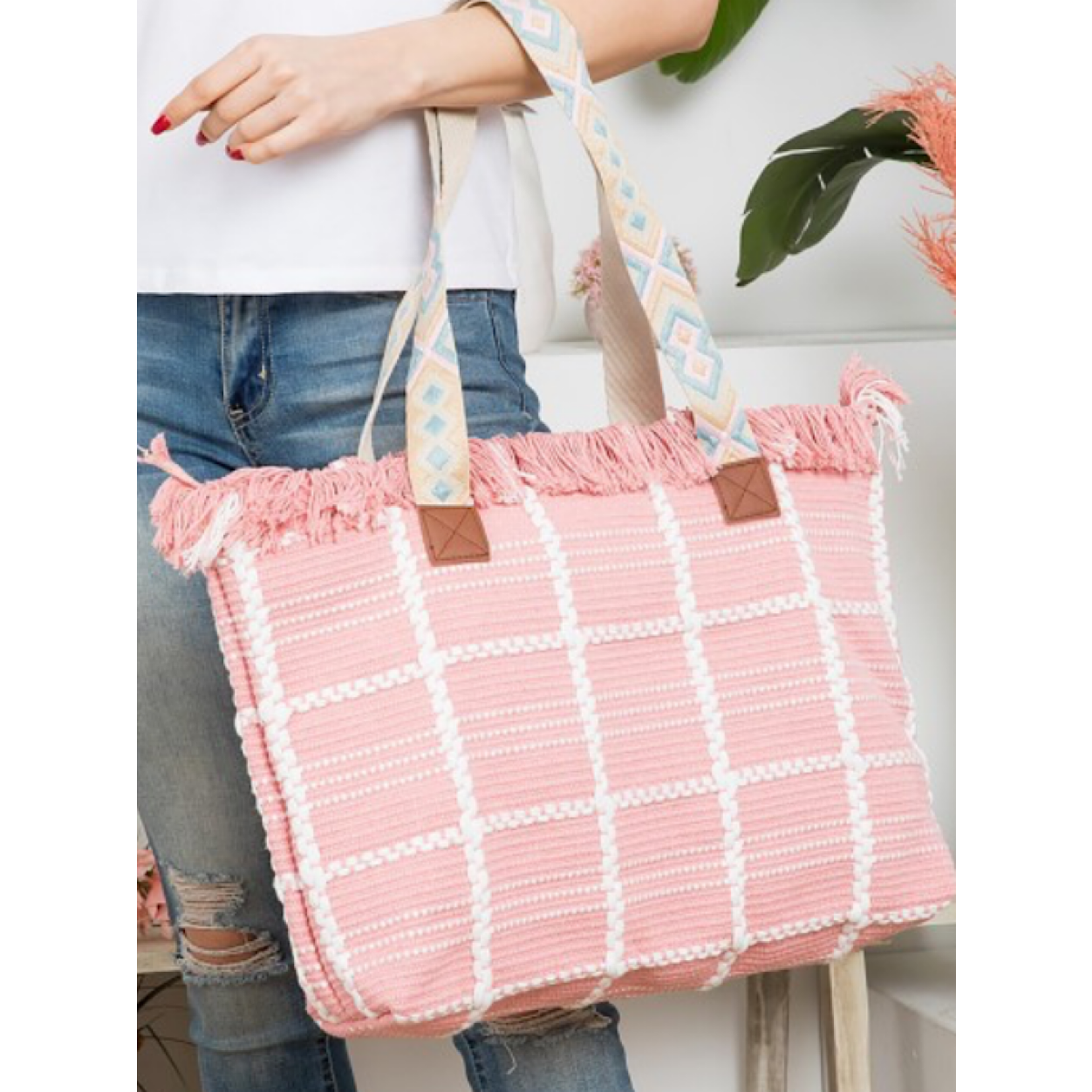 Woven Cotton Checkered Tote Bag