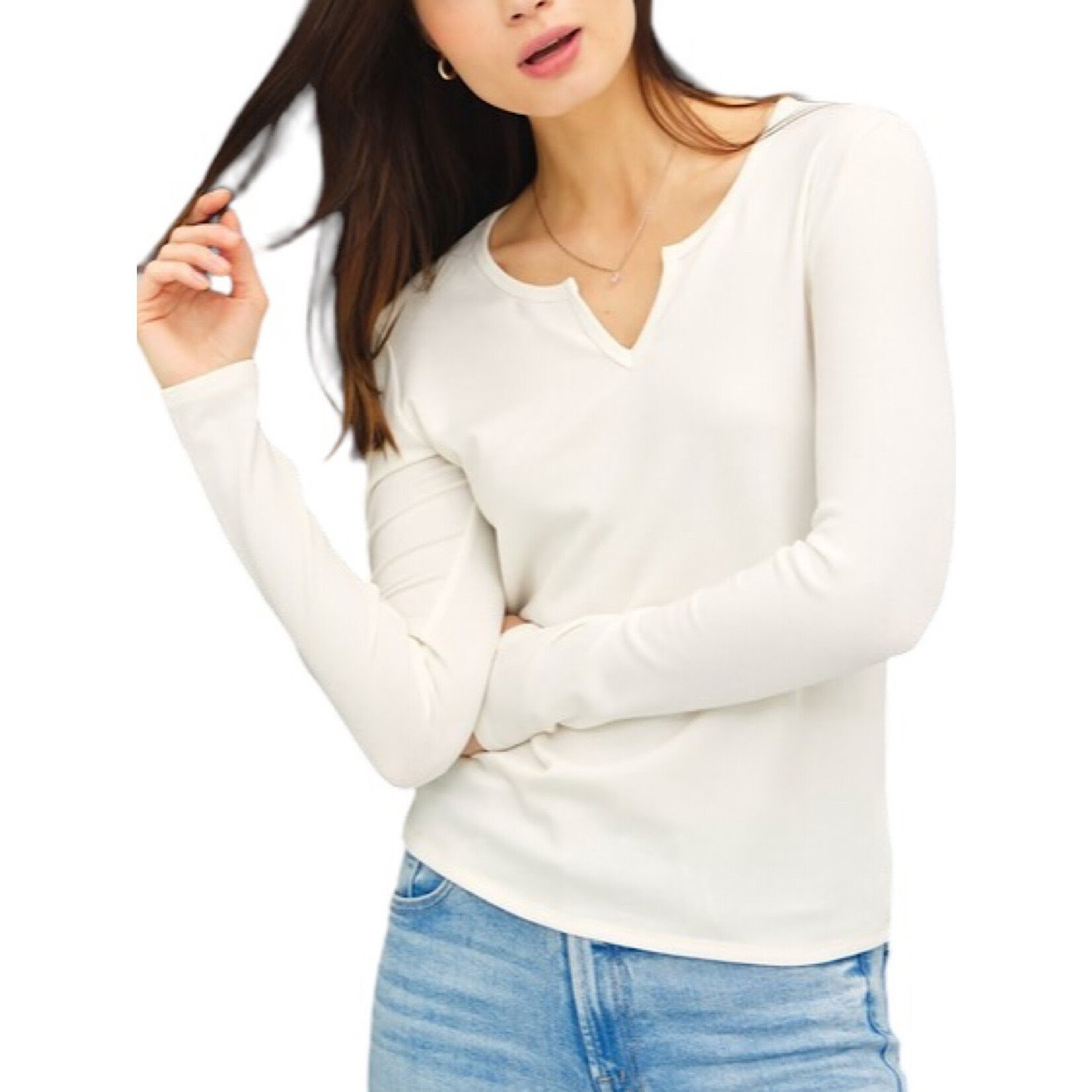 Ivory Soft Basic Split Neck Long Sleeve Knit Tee