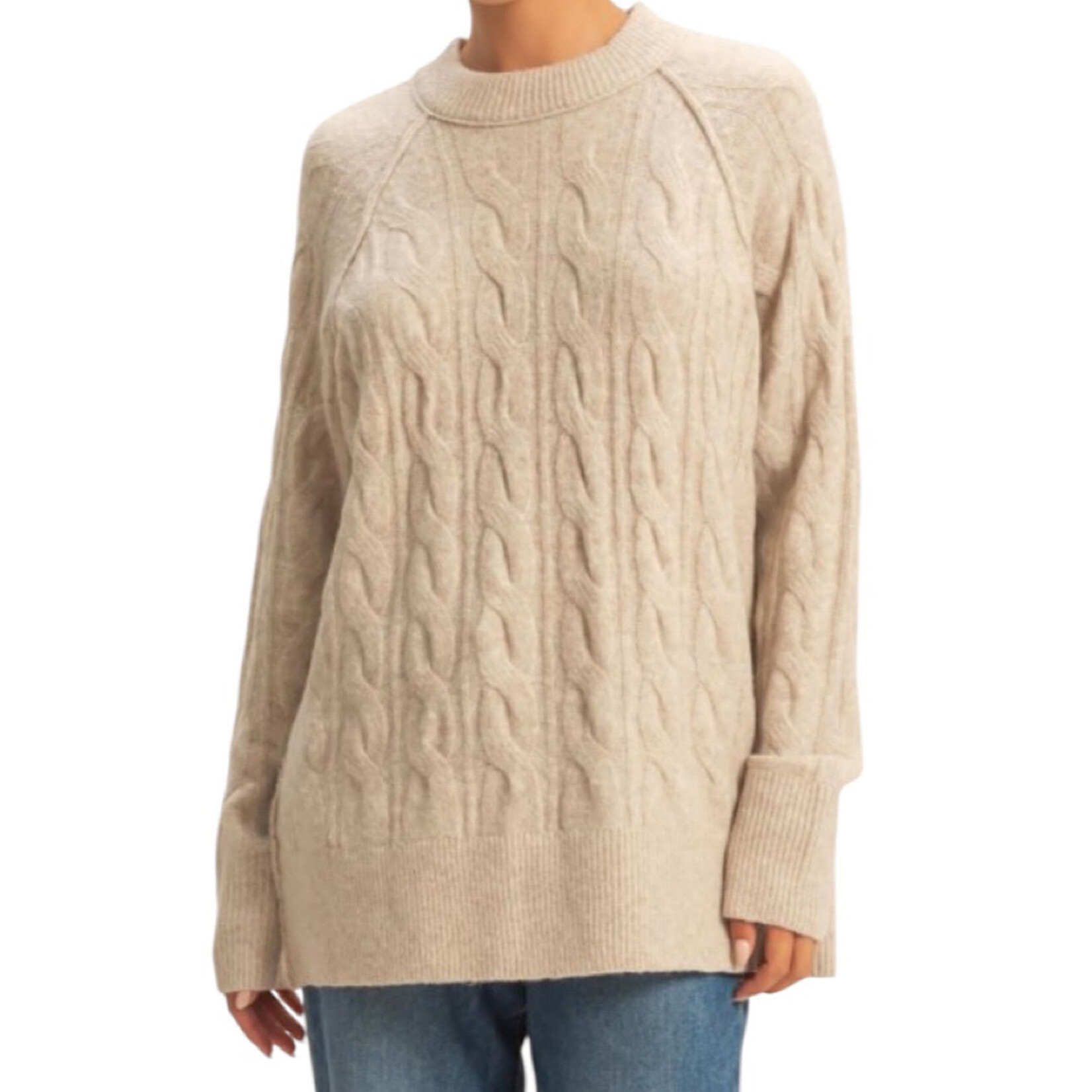 Light Taupe Crew Neck Cable Knit Sweater