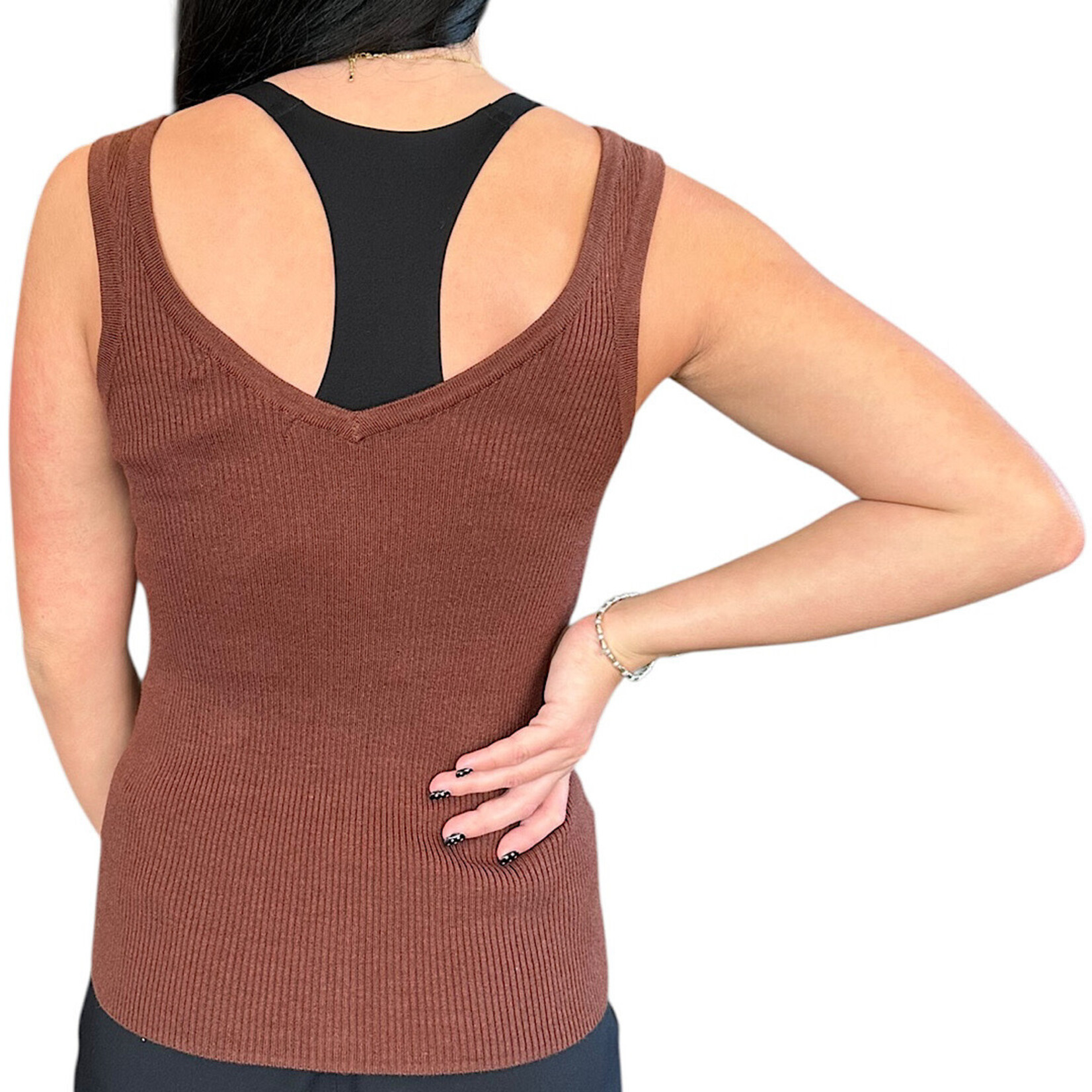 SANCTUARY Knitted Ribbed Button Front Tank Brown Small