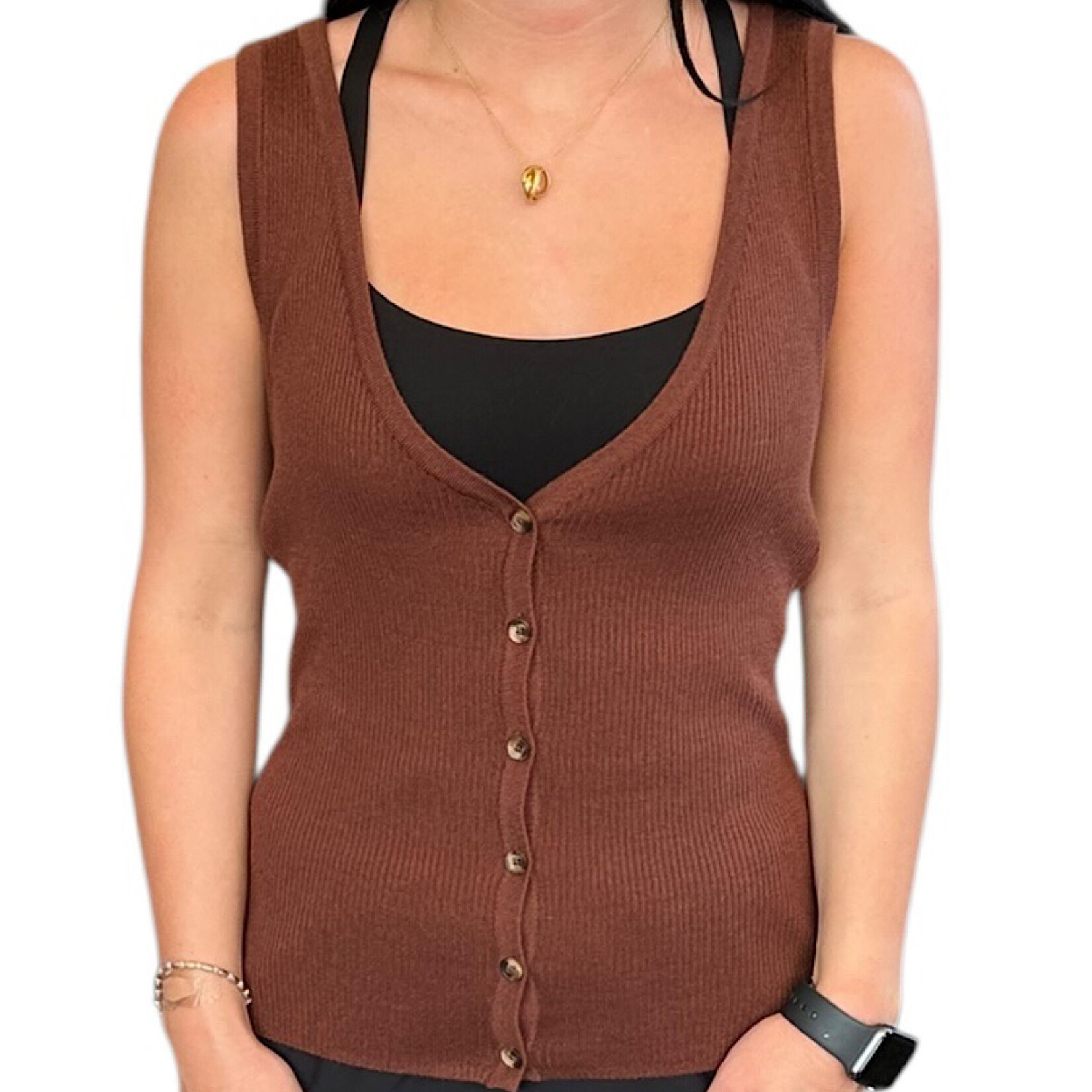 SANCTUARY Knitted Ribbed Button Front Tank Brown Small