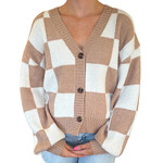 Dark Taupe/Cream Checkered Button Front Cardigan